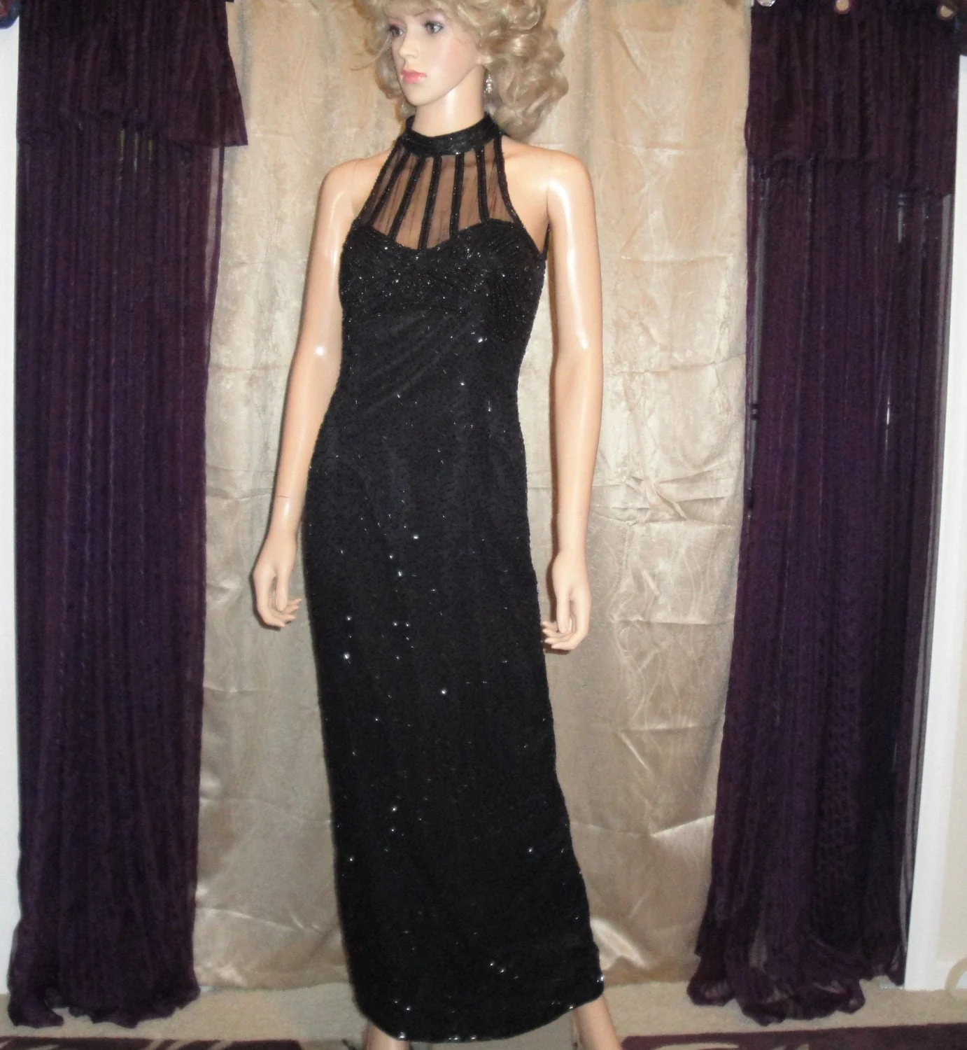 Stenay Long Dress Sexy Low Cut Sheer Beaded Top Beaded Black Silk Made In India Slim Style Fully Lined Extra Bag of Beads Vintage by Stenay - Image 2