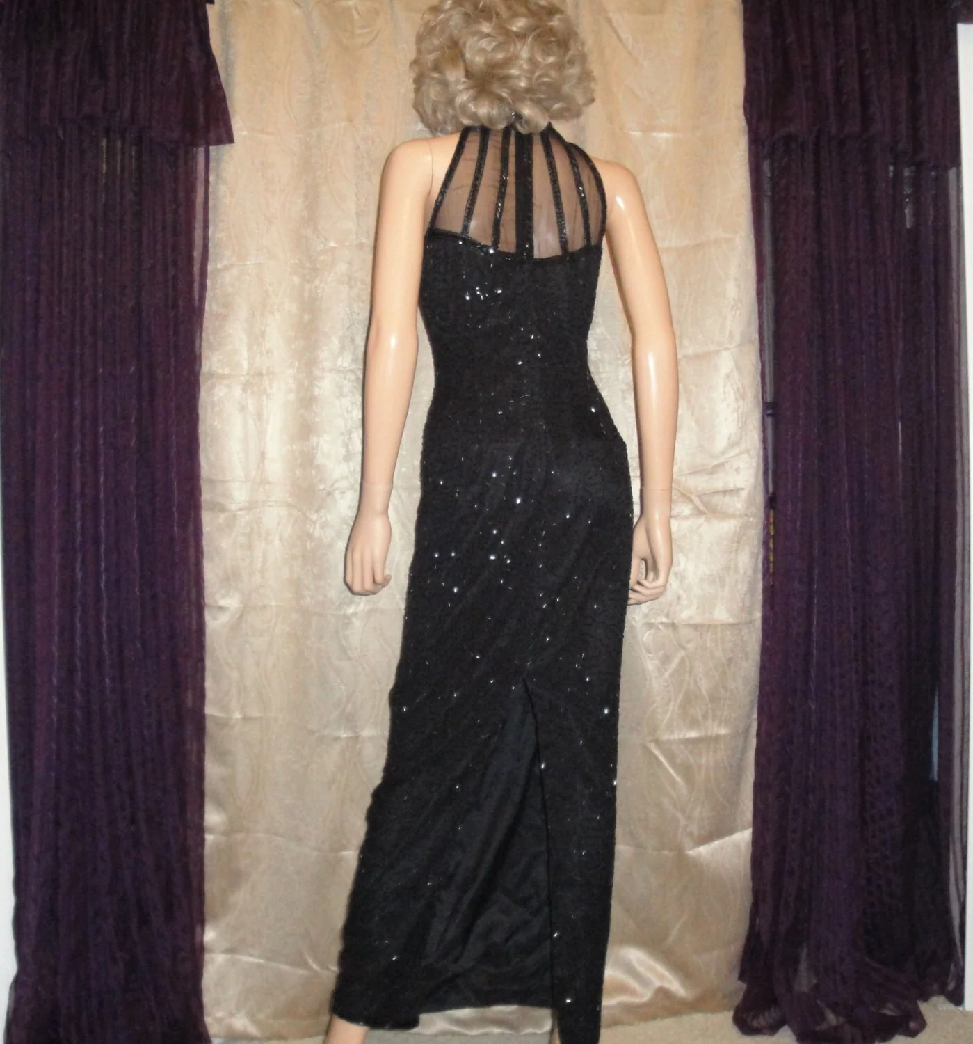 Stenay Long Dress Sexy Low Cut Sheer Beaded Top Beaded Black Silk Made In India Slim Style Fully Lined Extra Bag of Beads Vintage by Stenay - Image 3