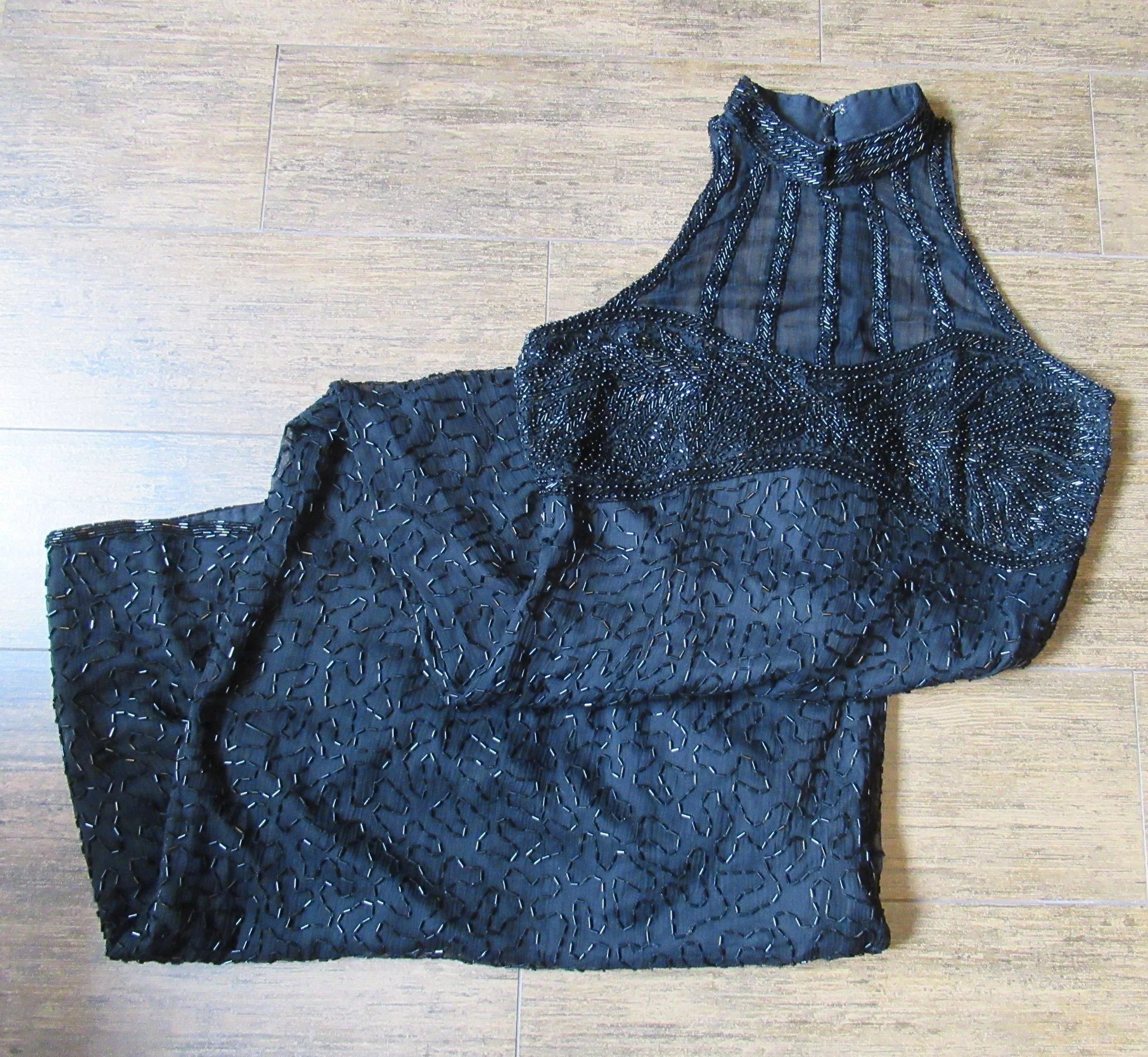 Stenay Long Dress Sexy Low Cut Sheer Beaded Top Beaded Black Silk Made In India Slim Style Fully Lined Extra Bag of Beads Vintage by Stenay - Image 4