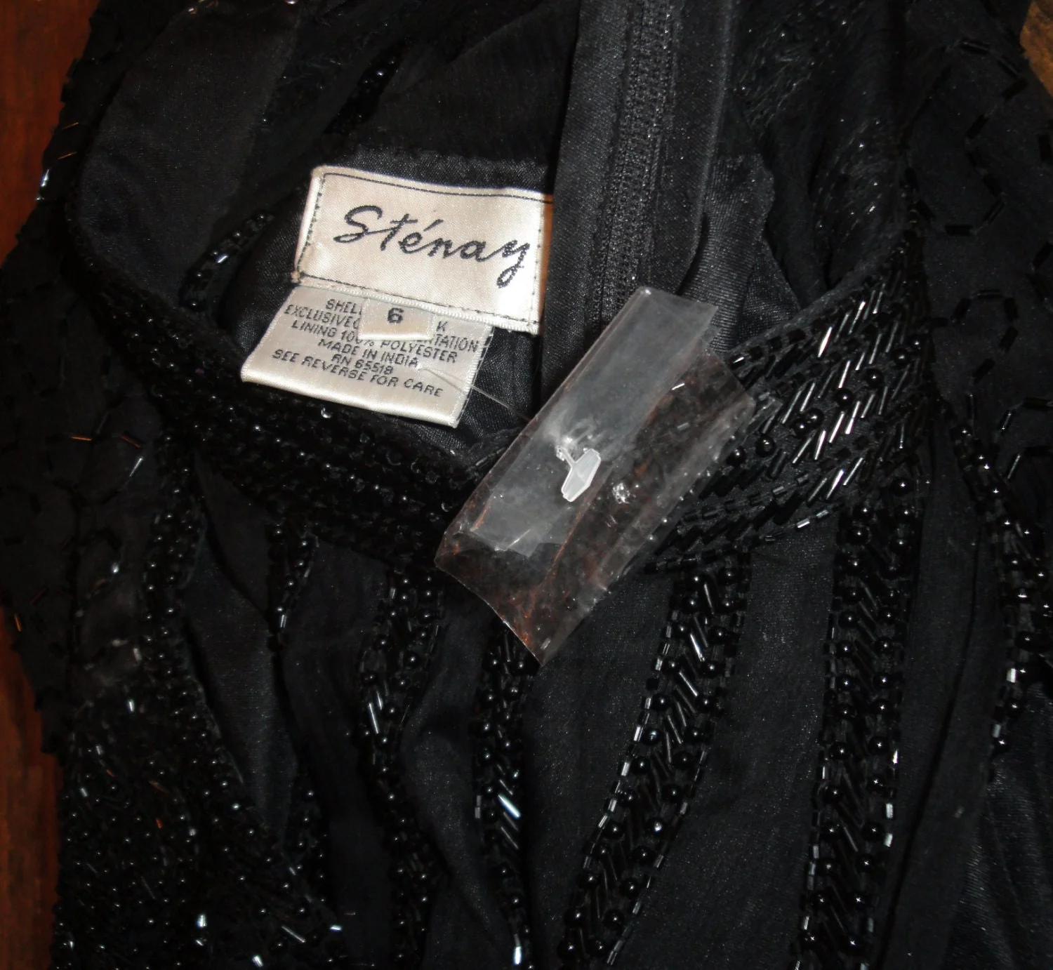 Stenay Long Dress Sexy Low Cut Sheer Beaded Top Beaded Black Silk Made In India Slim Style Fully Lined Extra Bag of Beads Vintage by Stenay - Image 7