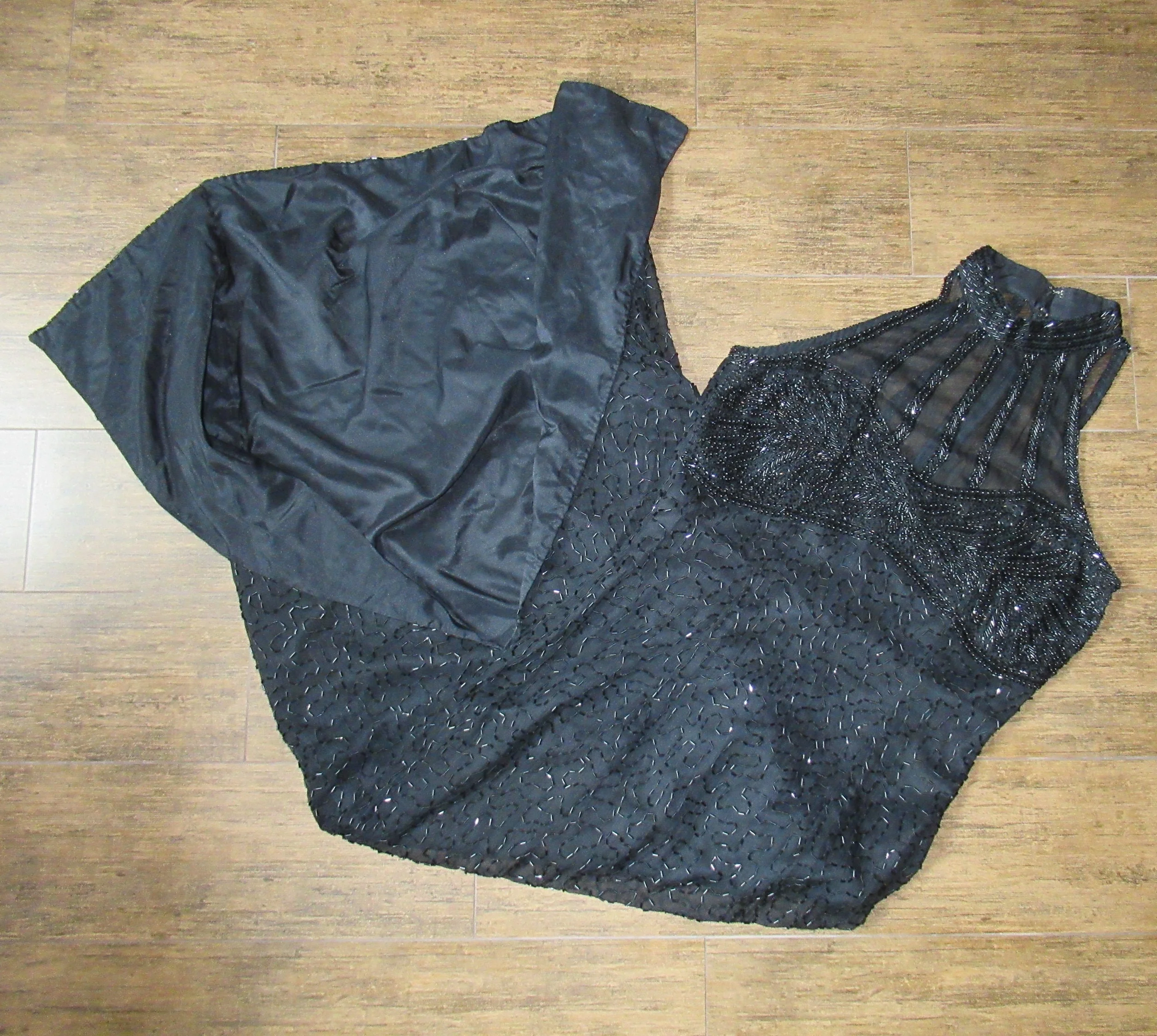 Stenay Long Dress Sexy Low Cut Sheer Beaded Top Beaded Black Silk Made In India Slim Style Fully Lined Extra Bag of Beads Vintage by Stenay - Image 8