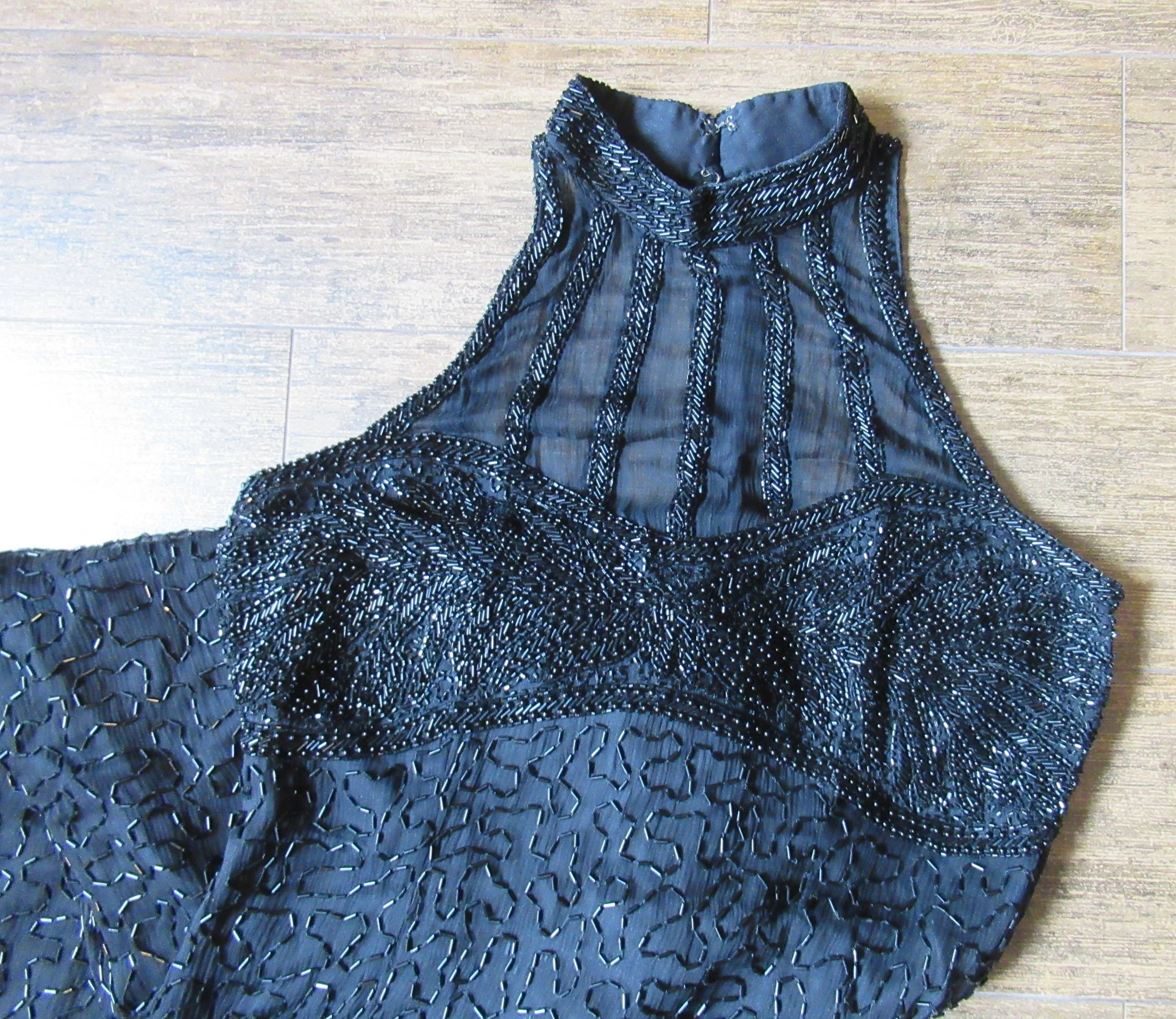 Stenay Long Dress Sexy Low Cut Sheer Beaded Top Beaded Black Silk Made In India Slim Style Fully Lined Extra Bag of Beads Vintage by Stenay - Image 9