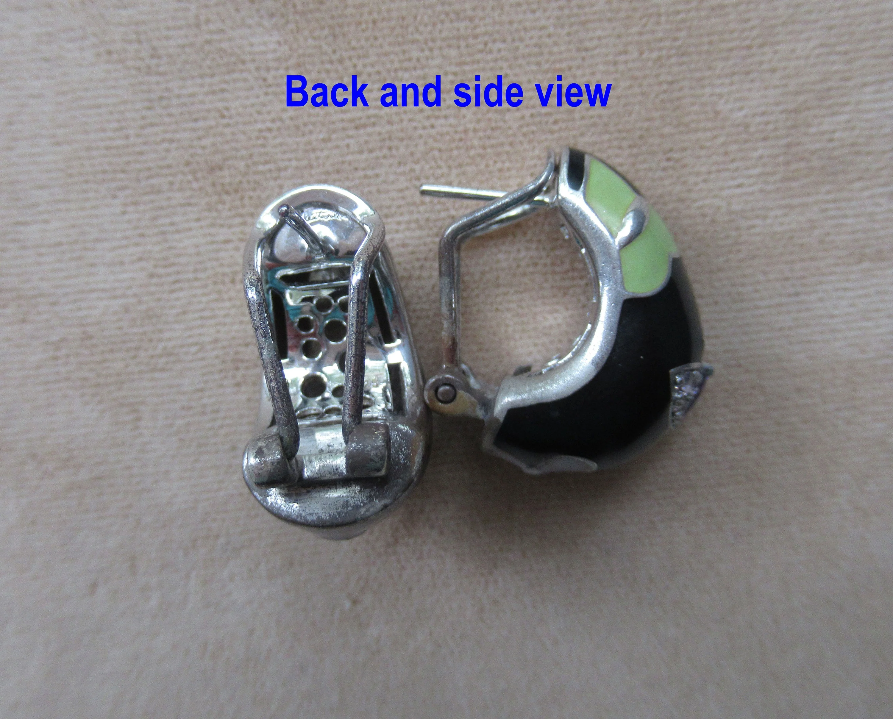 Sterling Silver Half Hoop Earrings Black Enamel Front with Purple Butterflies Tiny Inset Rhinestones - Image 10