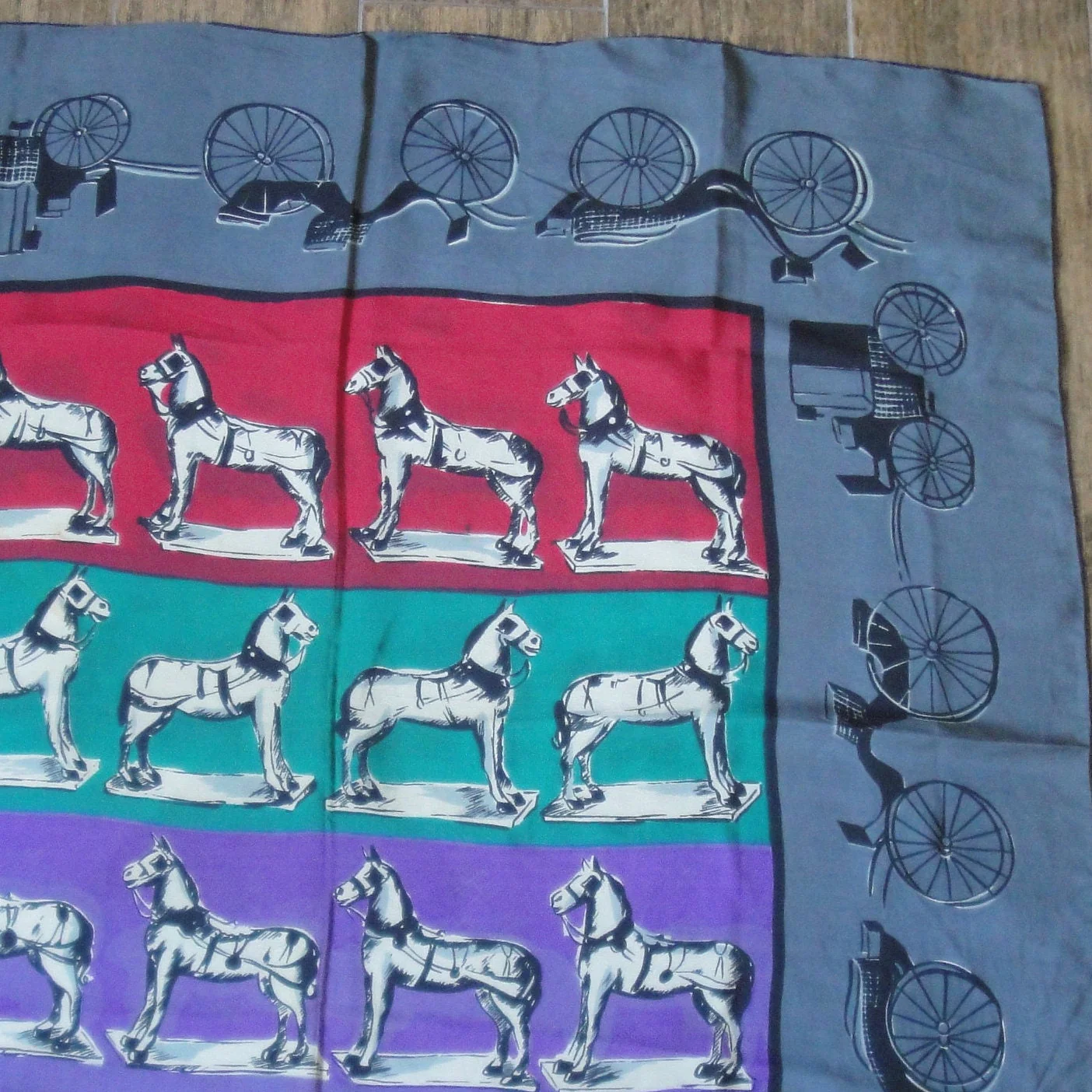 Stotter Original Scarf Horses and Carriages Unique Design Square Older Well Loved Gray Black Red Green Purple Taupe by Stotter Original - Image 8