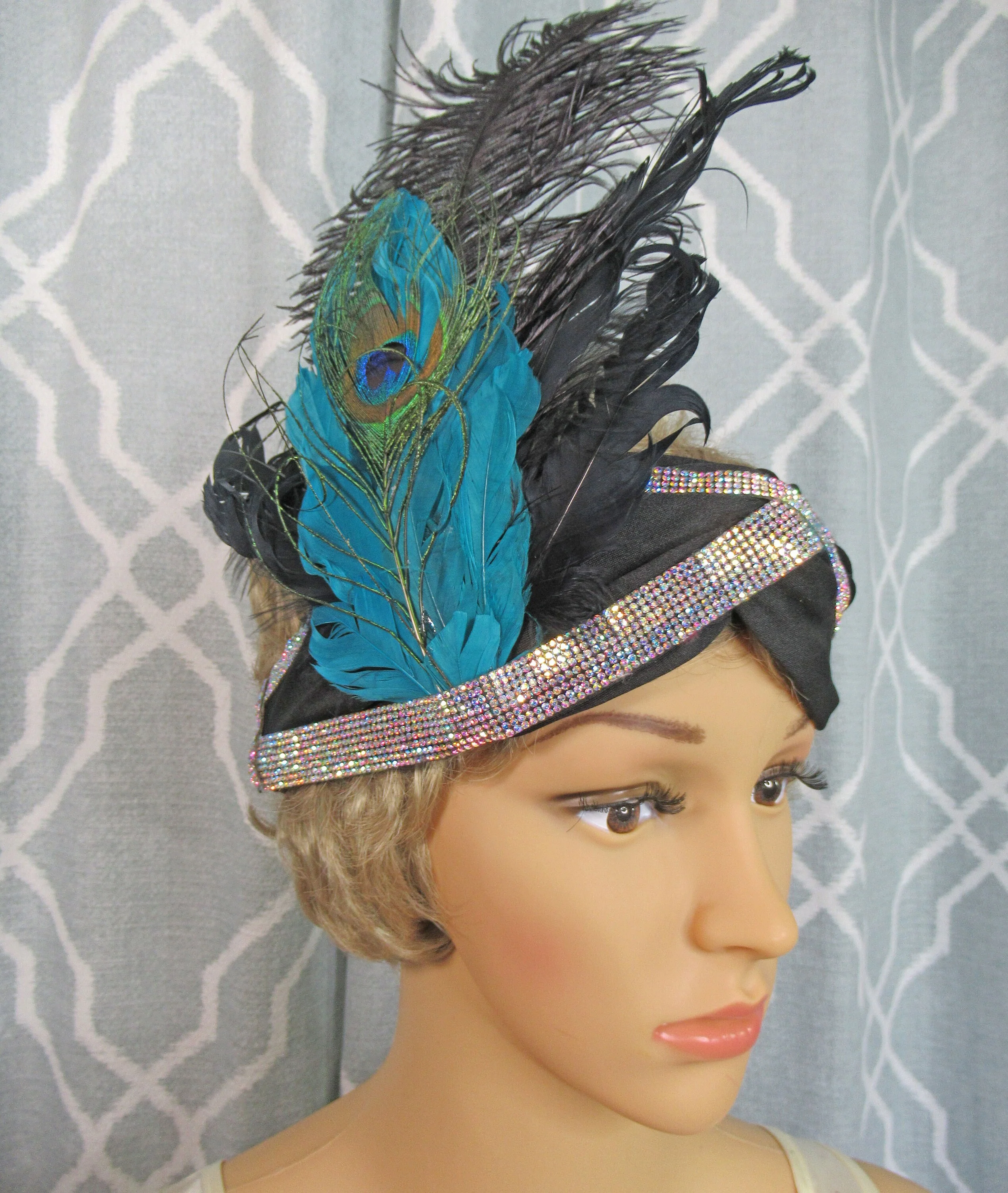 Stretch Fabric Headband Peacock Teal Green Blue Feathers and Rows of Rhinestone Trim Flapper Style Black Fabric 20s Inspired - Image 10