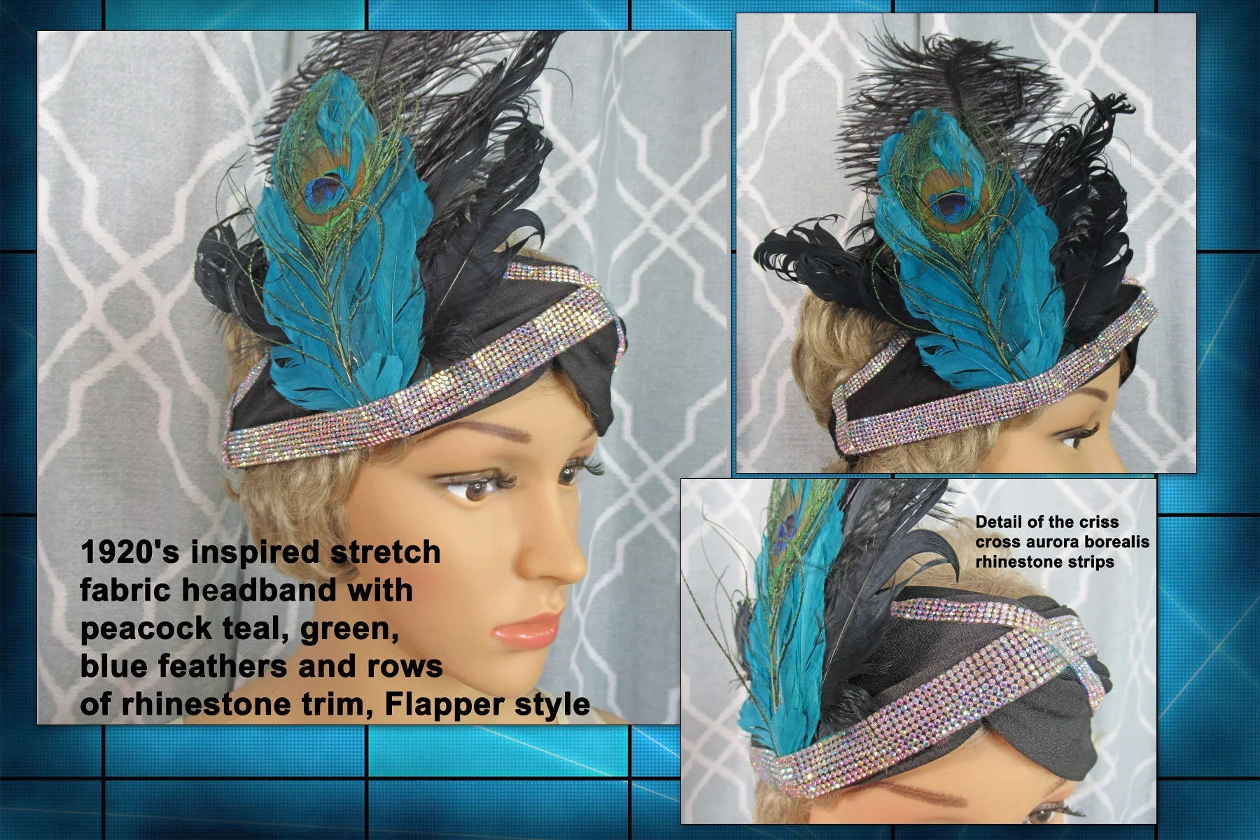 Stretch Fabric Headband Peacock Teal Green Blue Feathers and Rows of Rhinestone Trim Flapper Style Black Fabric 20s Inspired - Image 2