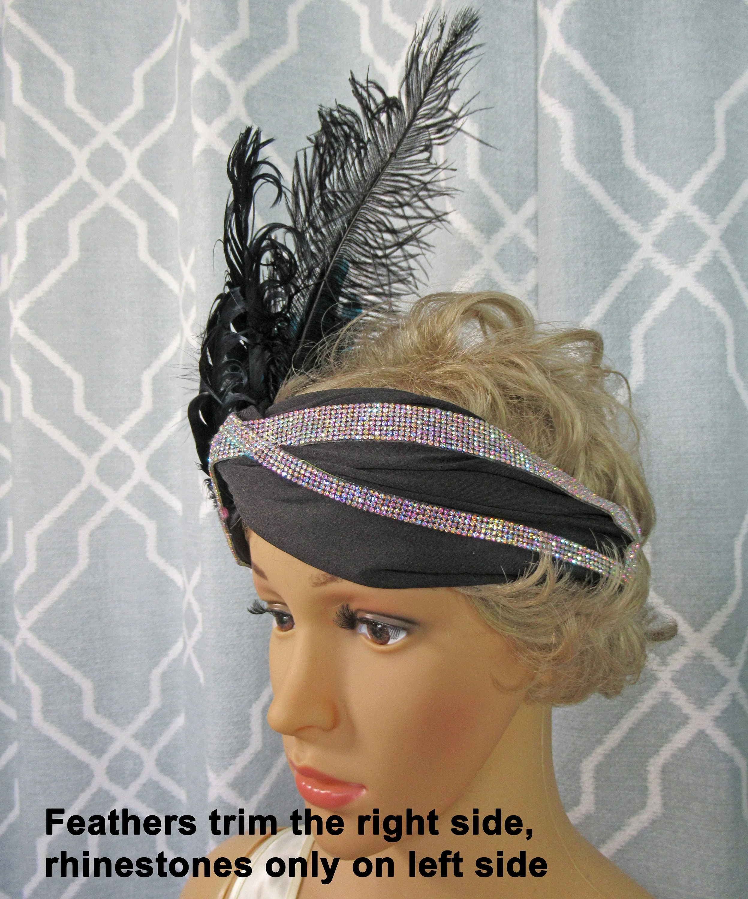 Stretch Fabric Headband Peacock Teal Green Blue Feathers and Rows of Rhinestone Trim Flapper Style Black Fabric 20s Inspired - Image 3