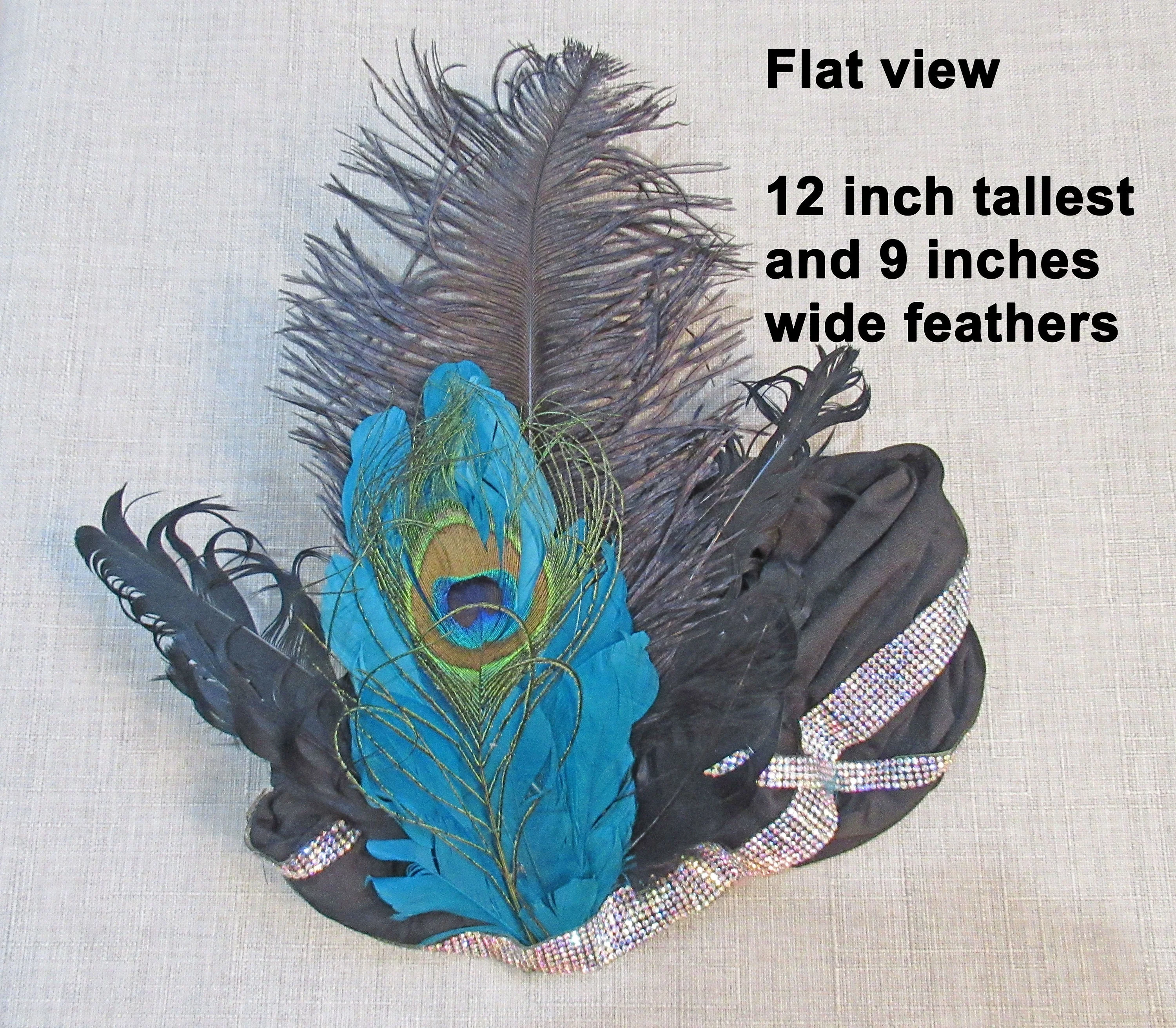 Stretch Fabric Headband Peacock Teal Green Blue Feathers and Rows of Rhinestone Trim Flapper Style Black Fabric 20s Inspired - Image 4