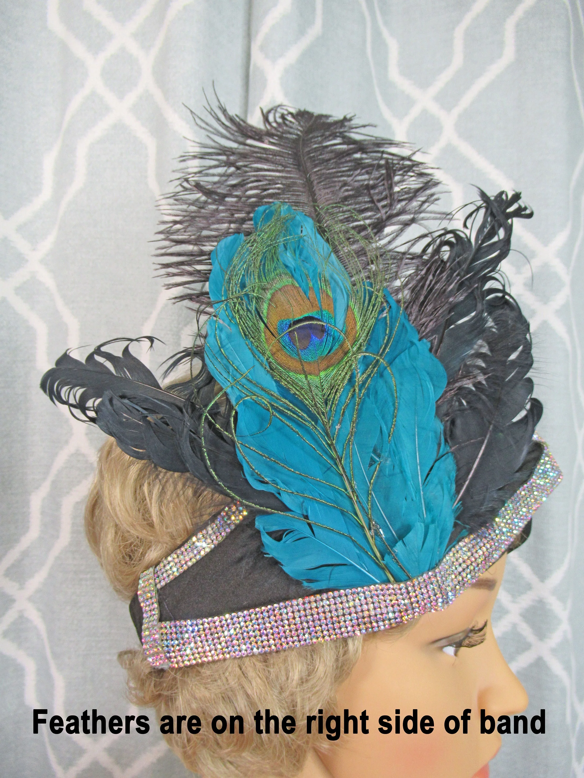 Stretch Fabric Headband Peacock Teal Green Blue Feathers and Rows of Rhinestone Trim Flapper Style Black Fabric 20s Inspired - Image 7
