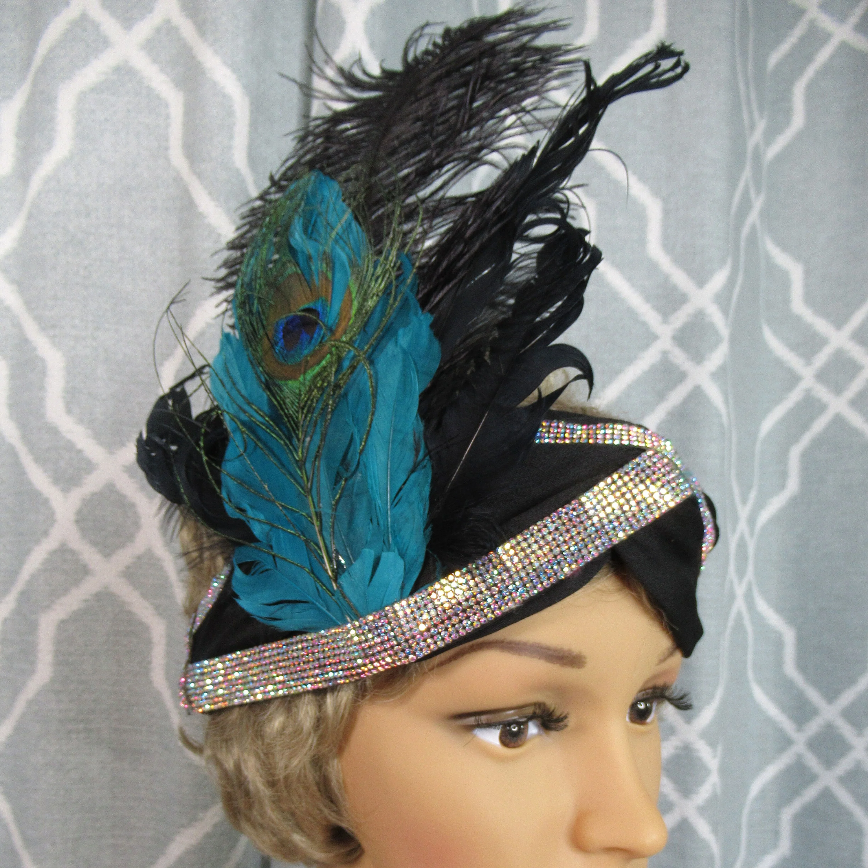 Stretch Fabric Headband Peacock Teal Green Blue Feathers and Rows of Rhinestone Trim Flapper Style Black Fabric 20s Inspired - Image 9