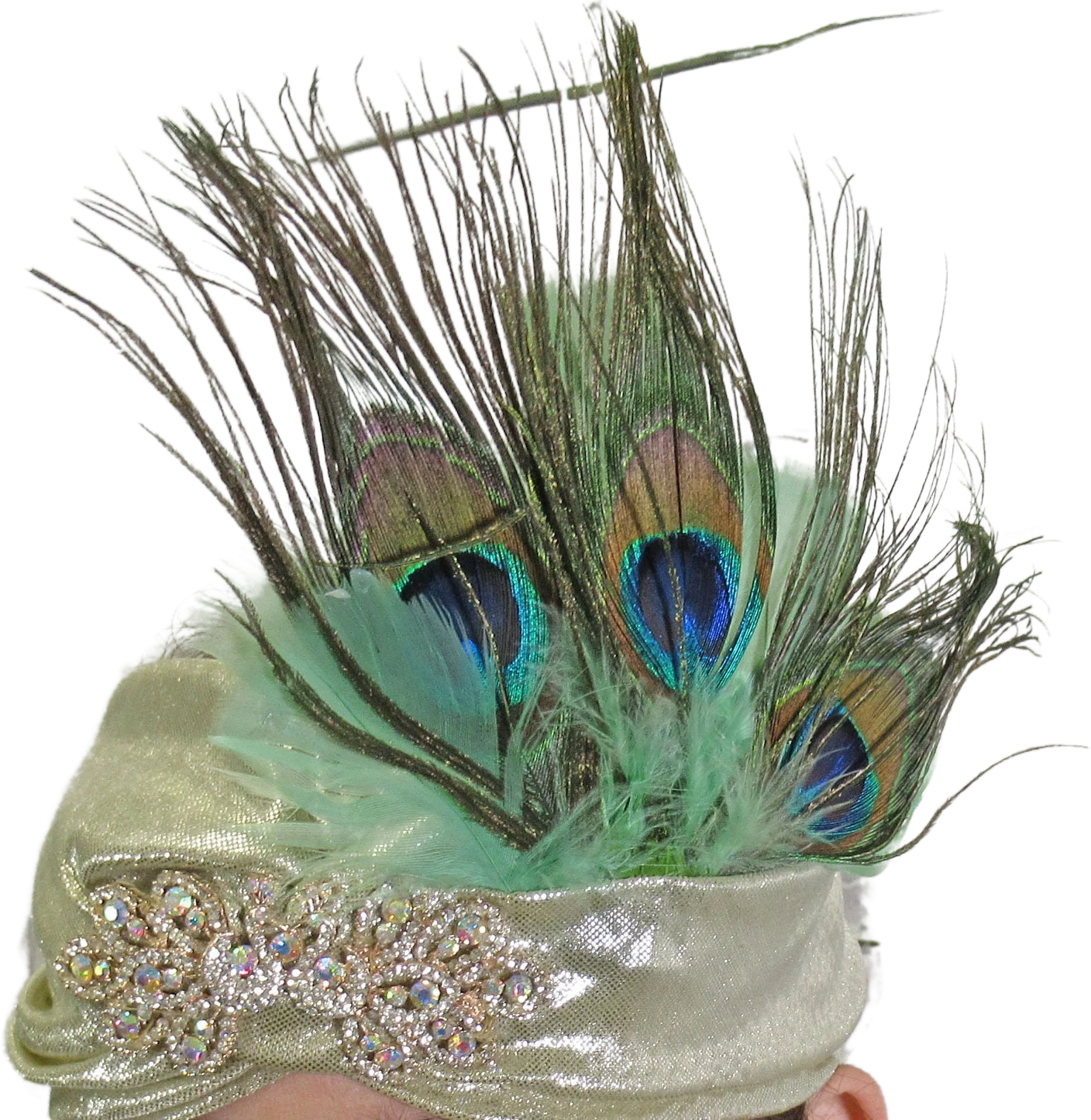 Stretch Gold Lame Headband 20s Flapper Style 5 Inch Tall Peacock Feathers and Aurora Borealis Rhinestone Front Trim Deco Inspired