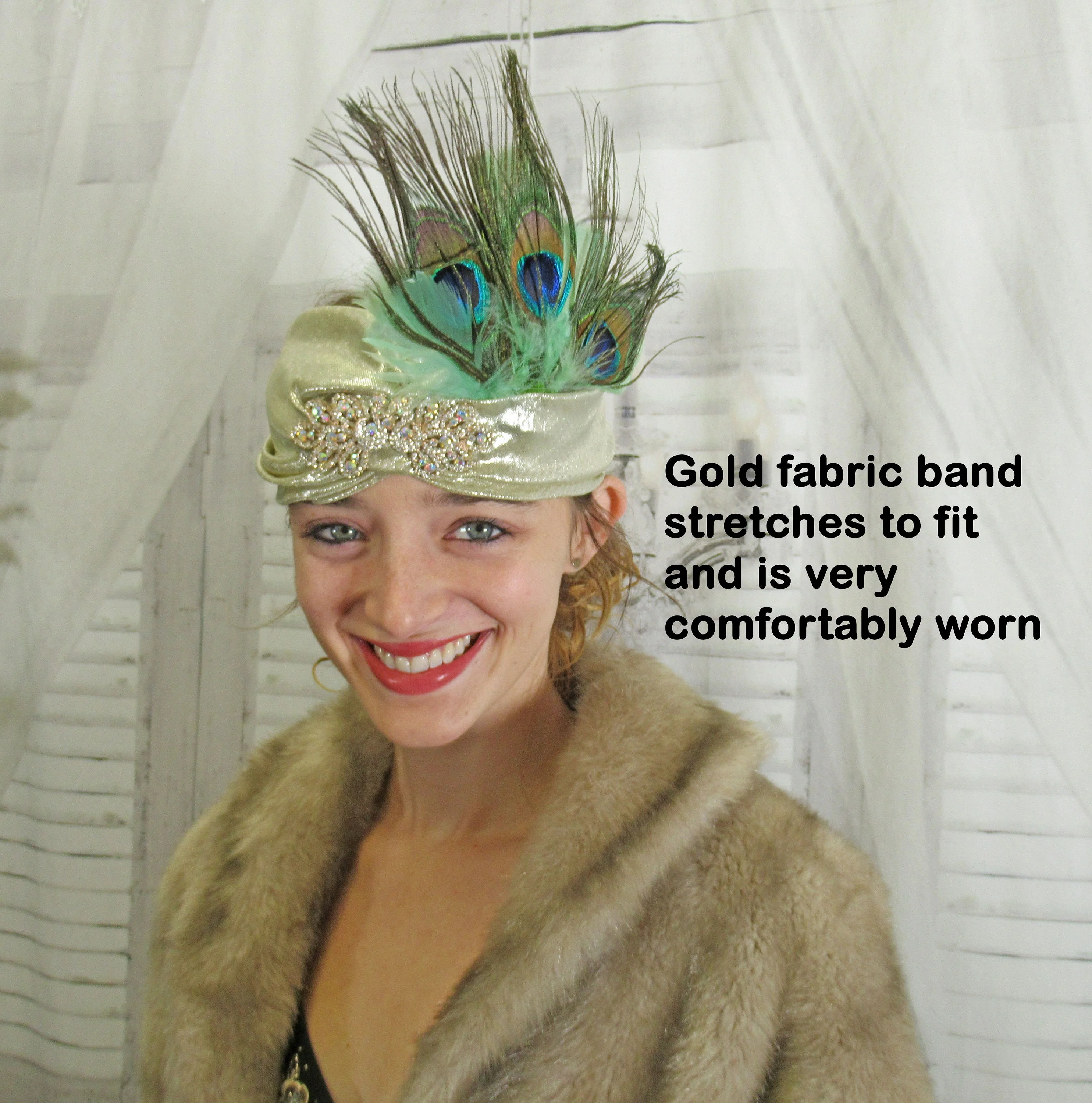 Stretch Gold Lame Headband 20s Flapper Style 5 Inch Tall Peacock Feathers and Aurora Borealis Rhinestone Front Trim Deco Inspired - Image 10