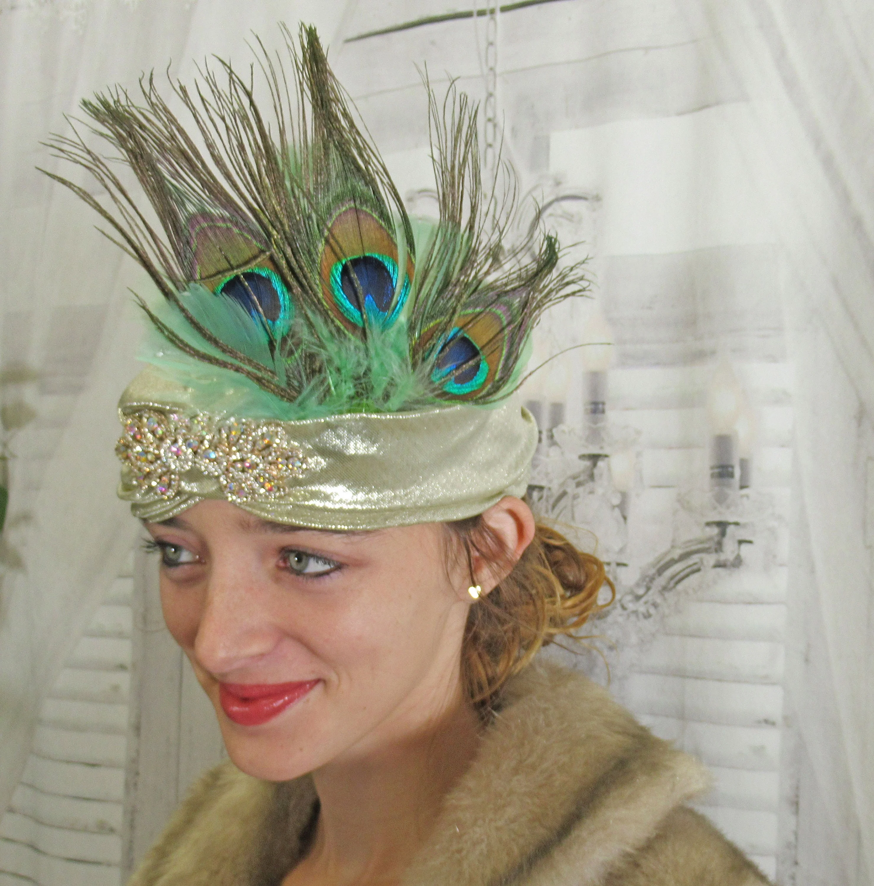 Stretch Gold Lame Headband 20s Flapper Style 5 Inch Tall Peacock Feathers and Aurora Borealis Rhinestone Front Trim Deco Inspired - Image 2