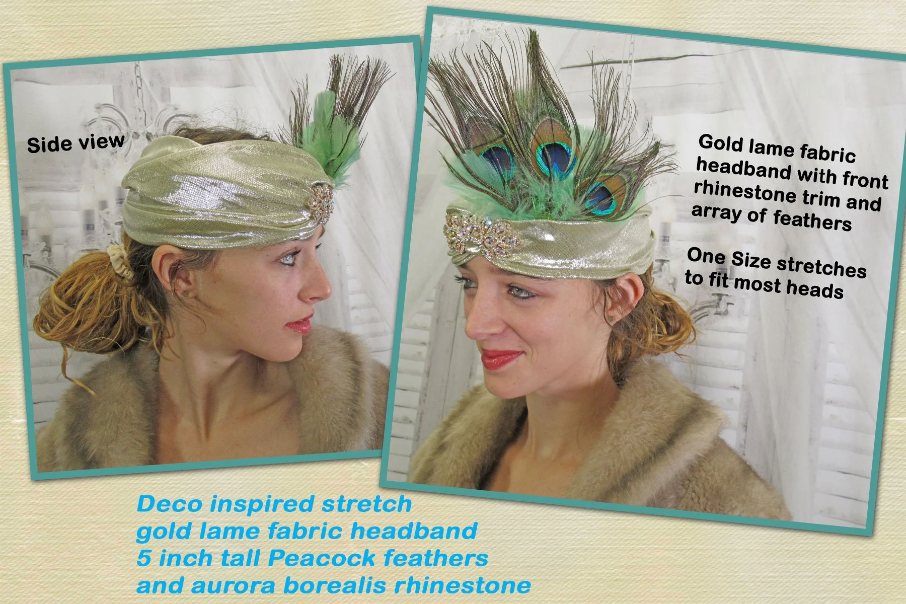 Stretch Gold Lame Headband 20s Flapper Style 5 Inch Tall Peacock Feathers and Aurora Borealis Rhinestone Front Trim Deco Inspired - Image 3