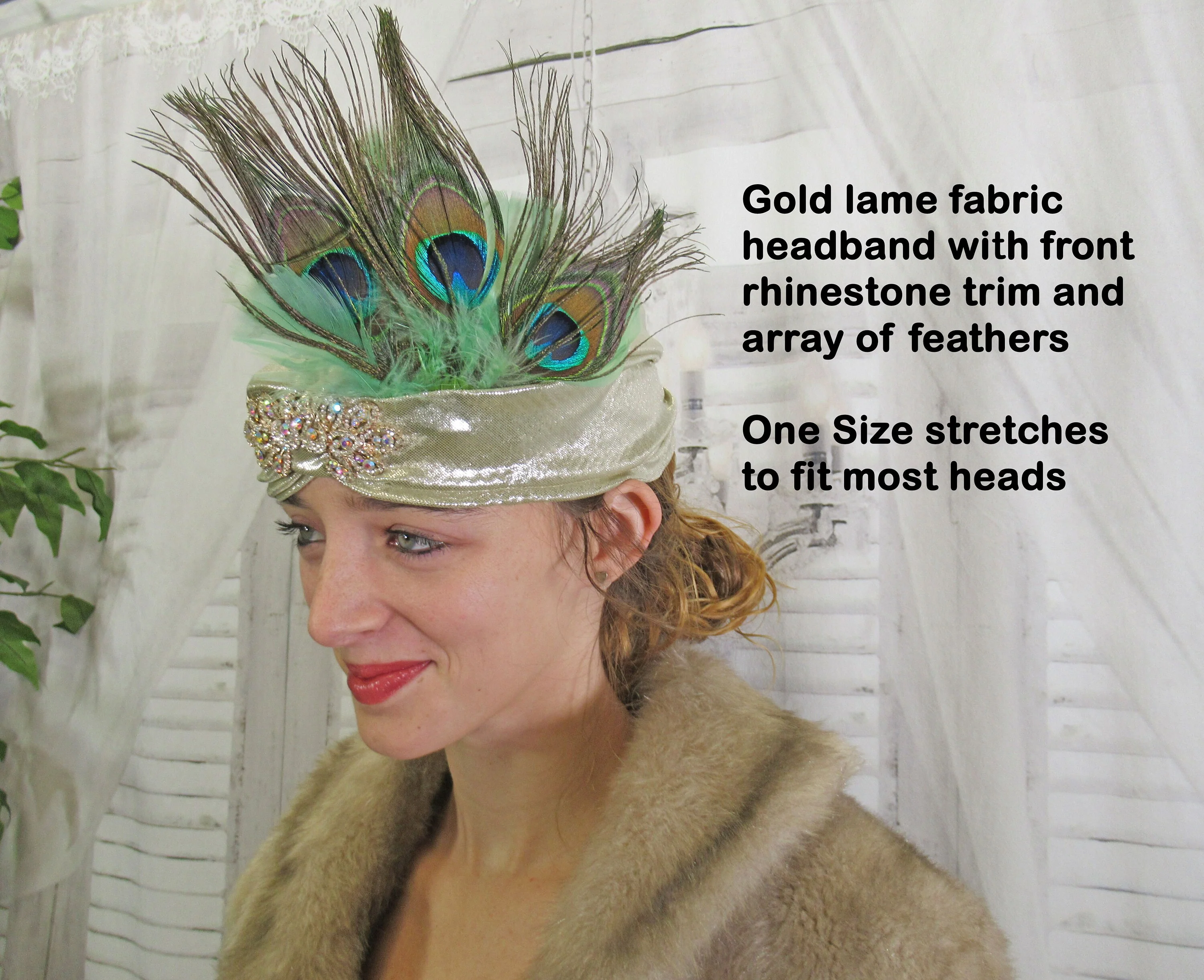 Stretch Gold Lame Headband 20s Flapper Style 5 Inch Tall Peacock Feathers and Aurora Borealis Rhinestone Front Trim Deco Inspired - Image 4