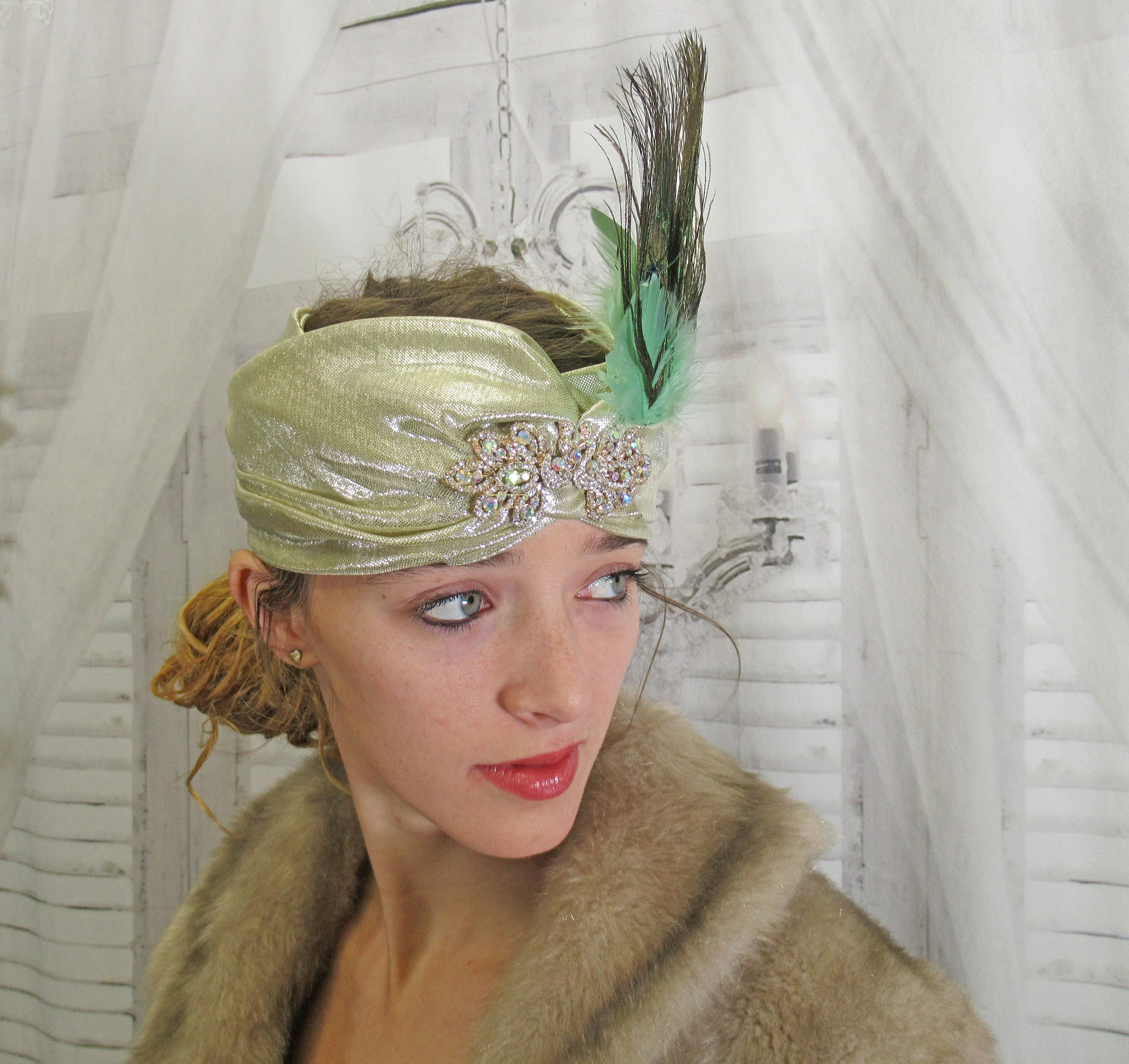 Stretch Gold Lame Headband 20s Flapper Style 5 Inch Tall Peacock Feathers and Aurora Borealis Rhinestone Front Trim Deco Inspired - Image 5