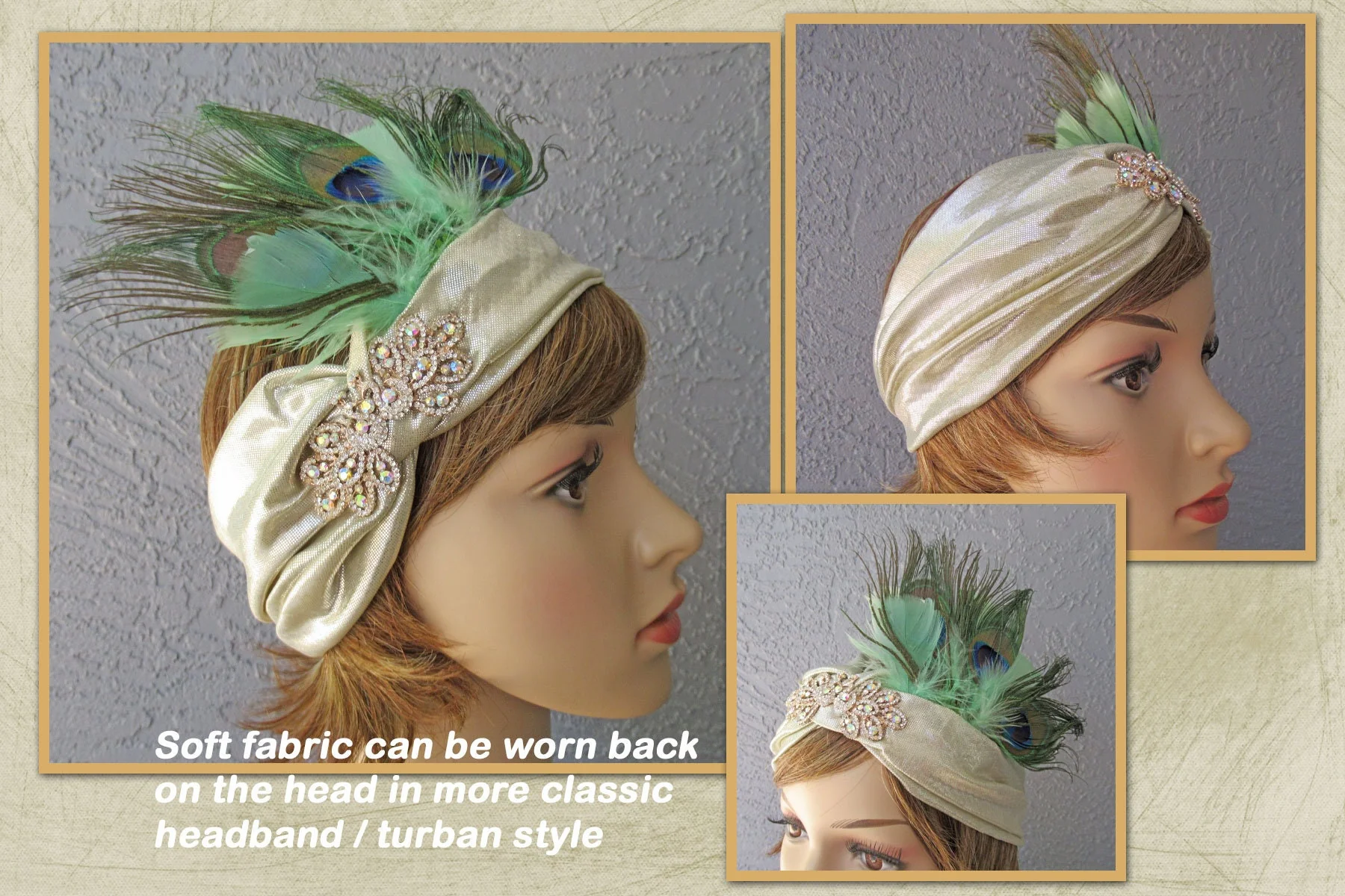 Stretch Gold Lame Headband 20s Flapper Style 5 Inch Tall Peacock Feathers and Aurora Borealis Rhinestone Front Trim Deco Inspired - Image 6