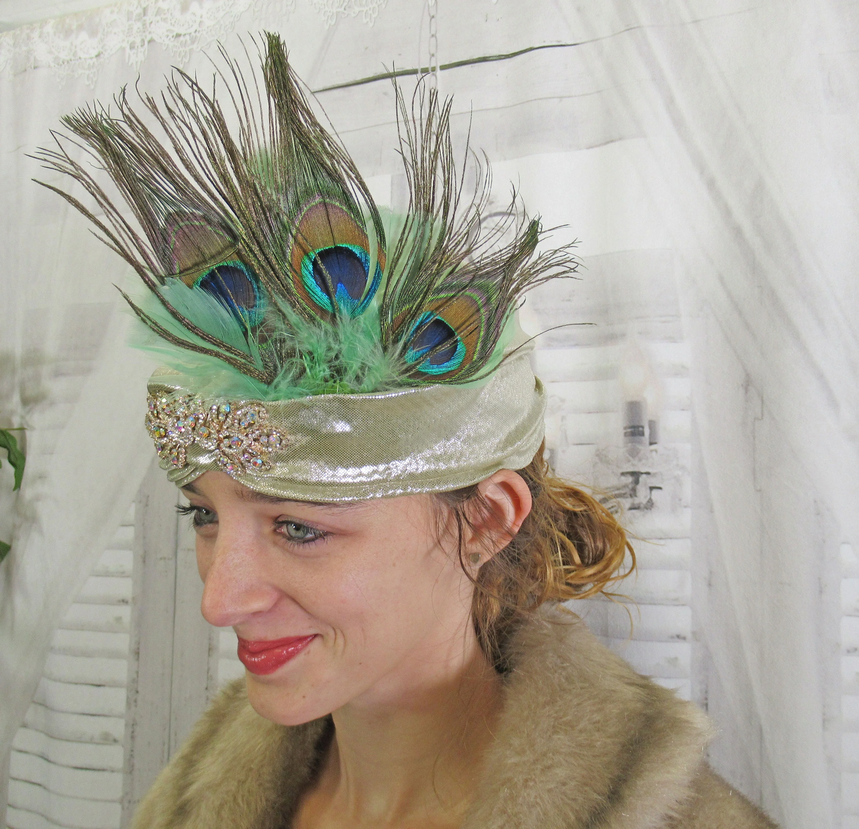 Stretch Gold Lame Headband 20s Flapper Style 5 Inch Tall Peacock Feathers and Aurora Borealis Rhinestone Front Trim Deco Inspired - Image 7