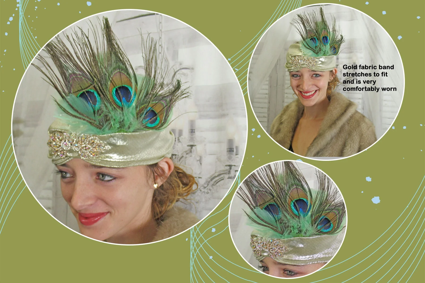 Stretch Gold Lame Headband 20s Flapper Style 5 Inch Tall Peacock Feathers and Aurora Borealis Rhinestone Front Trim Deco Inspired - Image 8