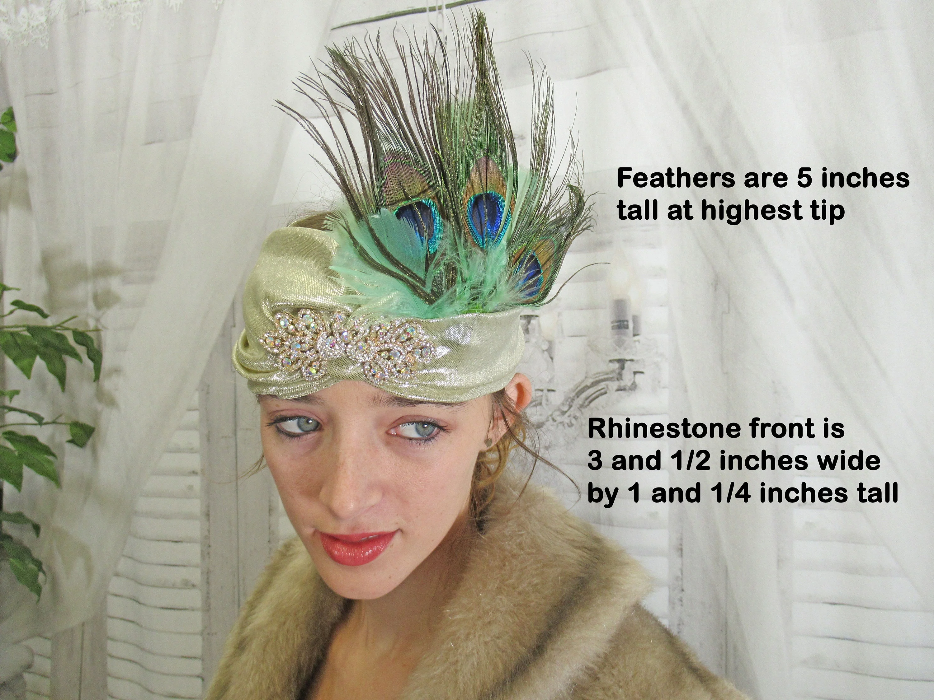 Stretch Gold Lame Headband 20s Flapper Style 5 Inch Tall Peacock Feathers and Aurora Borealis Rhinestone Front Trim Deco Inspired - Image 9
