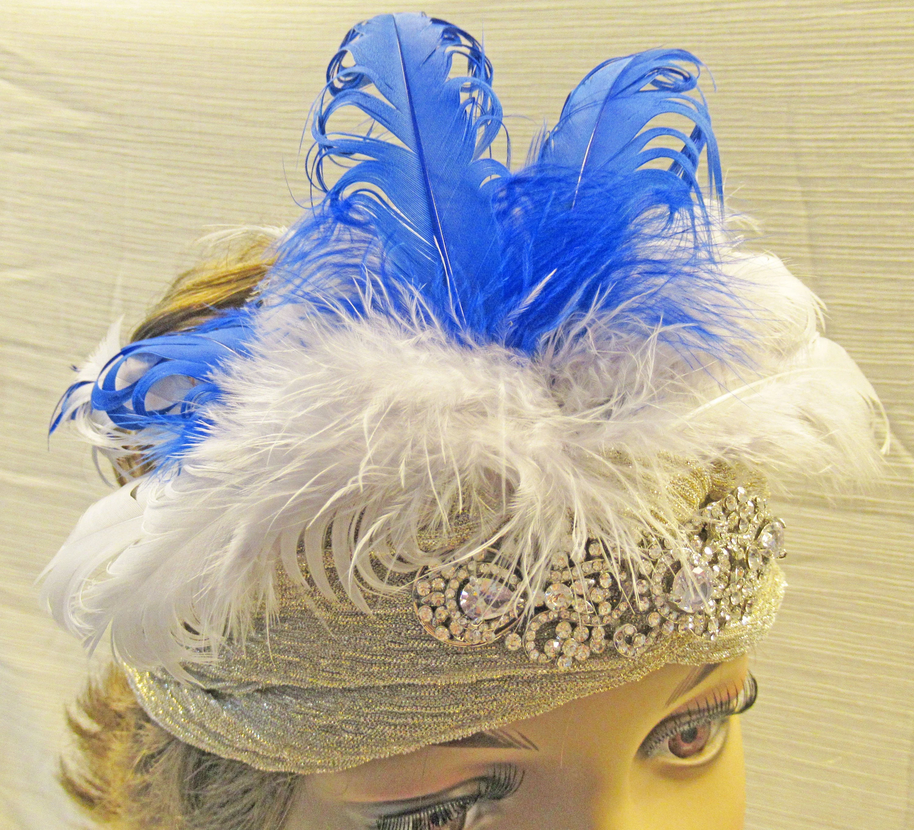 Stretch Headband 20s Inspired Style, Soft Silver Metallic with Rhinestone Front Accent Plus Royal Blue and White Feathers, Flapper Style - Image 10