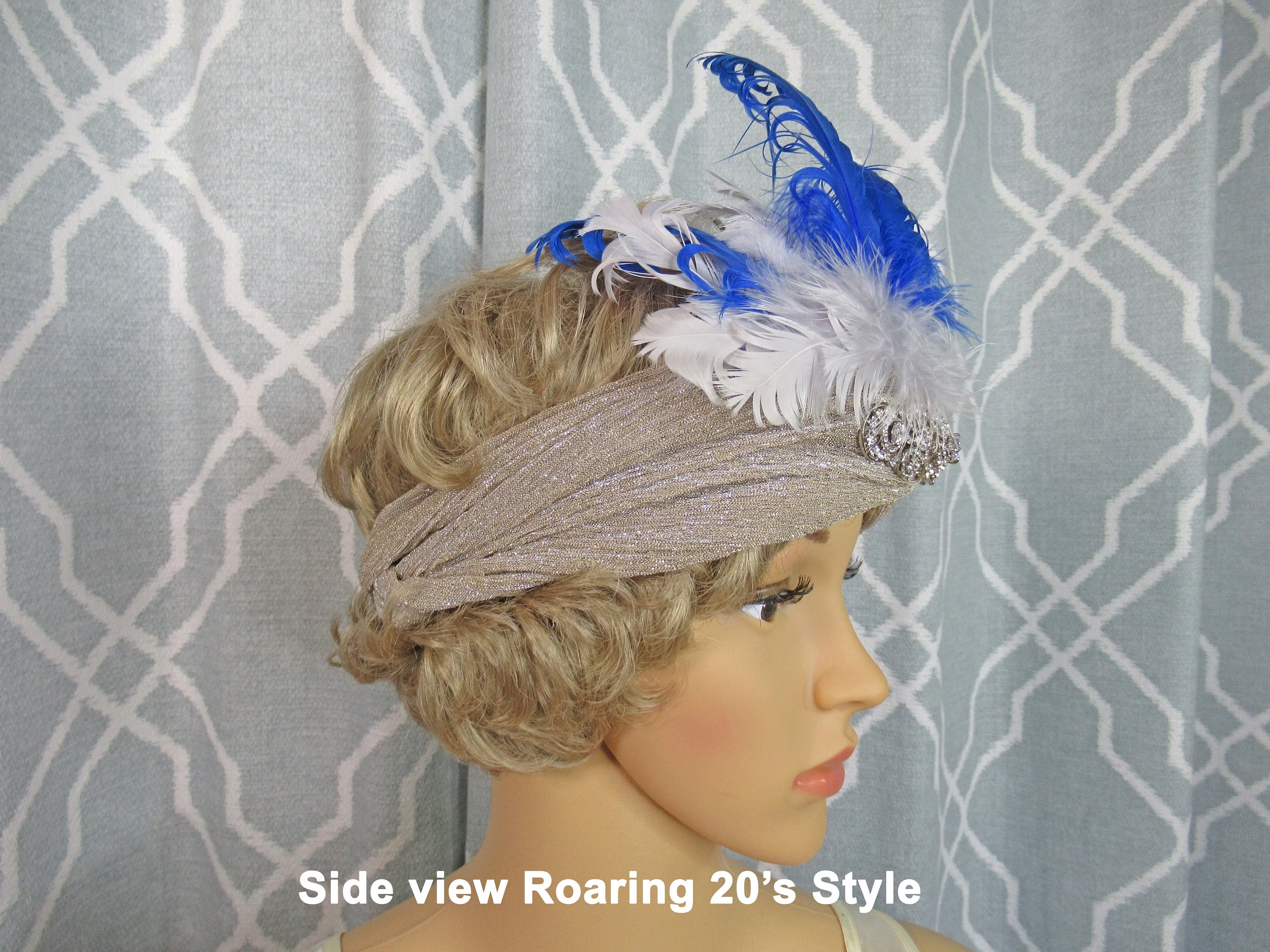 Stretch Headband 20s Inspired Style, Soft Silver Metallic with Rhinestone Front Accent Plus Royal Blue and White Feathers, Flapper Style - Image 5