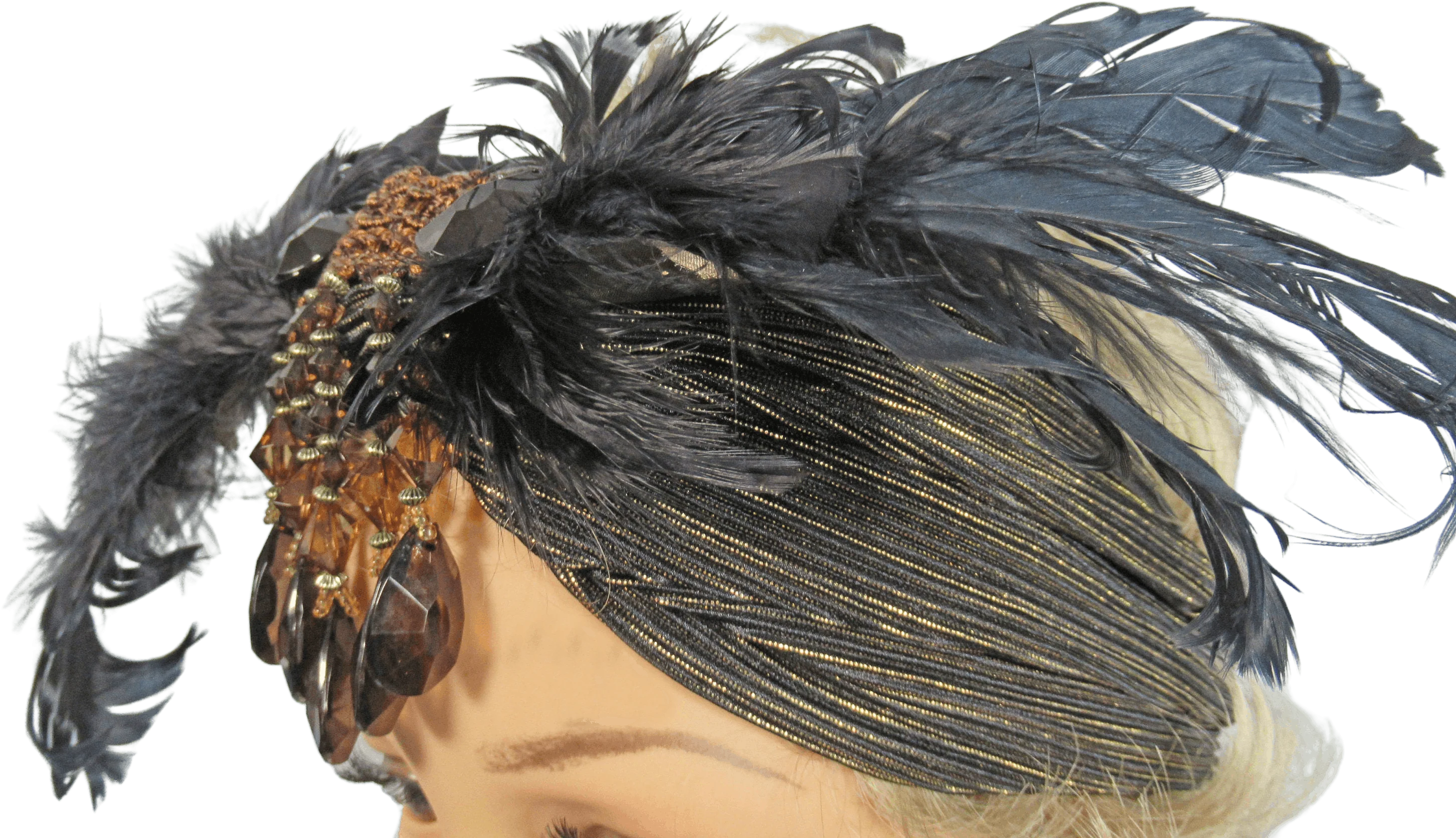 Stretch Headband Feathers and Brown Beads 20s Inspired Fabric with Wide Front Black Feather Array, Dangling Faceted Beads, Flapper Style