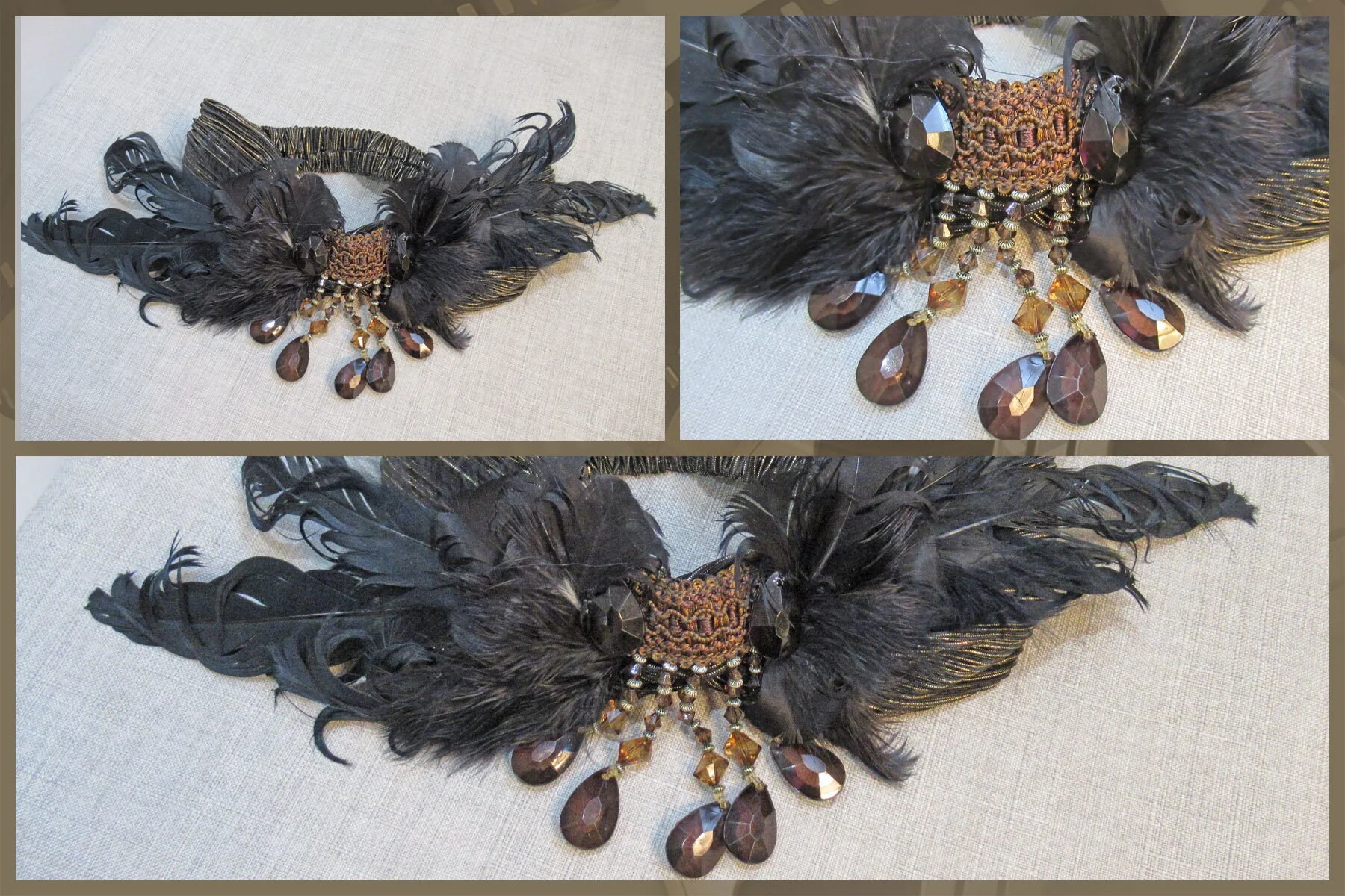 Stretch Headband Feathers and Brown Beads 20s Inspired Fabric with Wide Front Black Feather Array, Dangling Faceted Beads, Flapper Style - Image 10