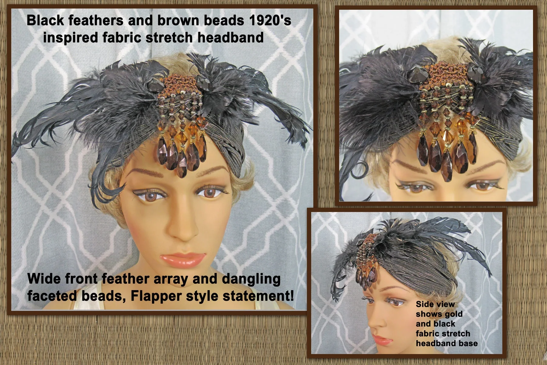 Stretch Headband Feathers and Brown Beads 20s Inspired Fabric with Wide Front Black Feather Array, Dangling Faceted Beads, Flapper Style - Image 2