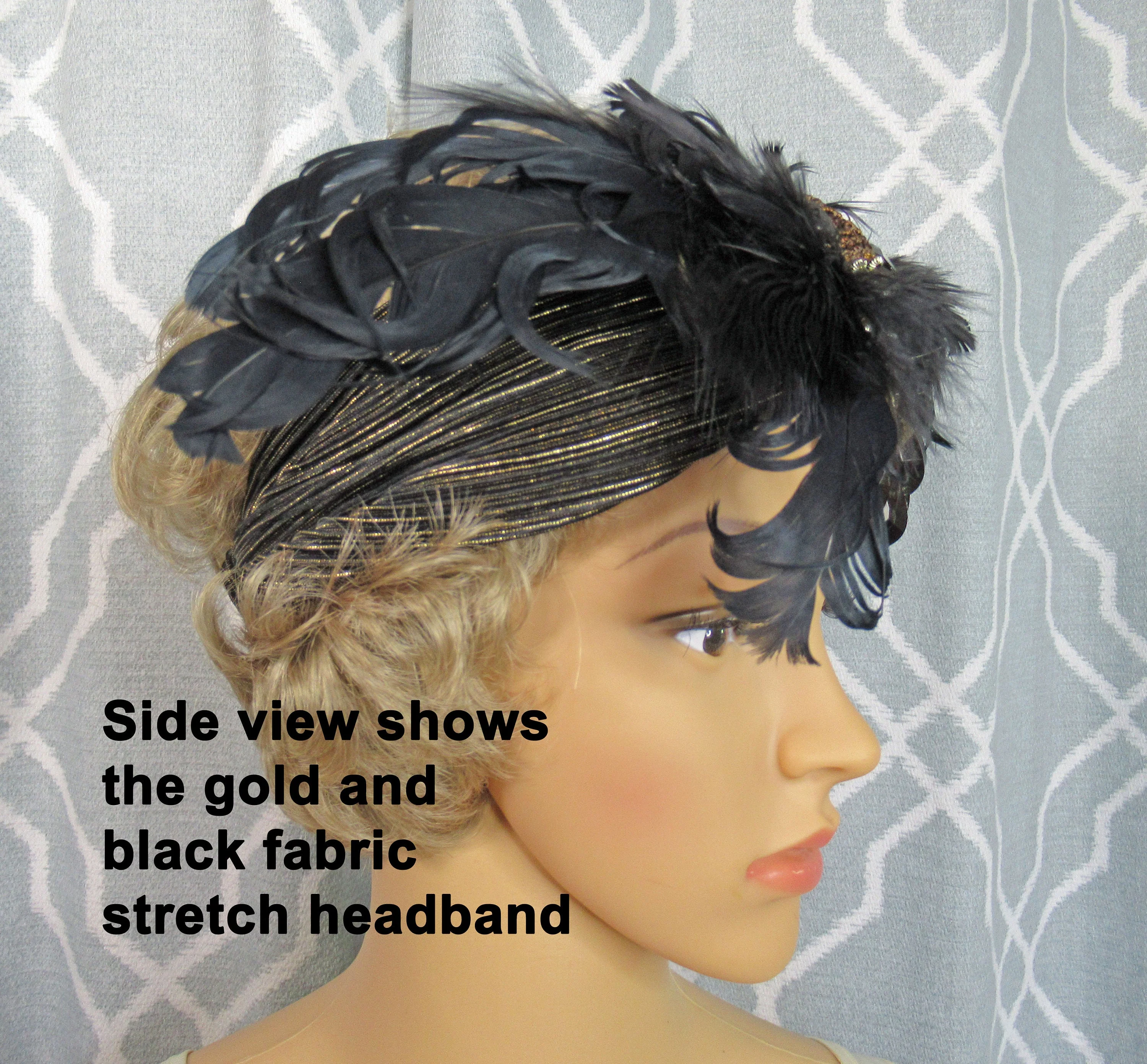 Stretch Headband Feathers and Brown Beads 20s Inspired Fabric with Wide Front Black Feather Array, Dangling Faceted Beads, Flapper Style - Image 3