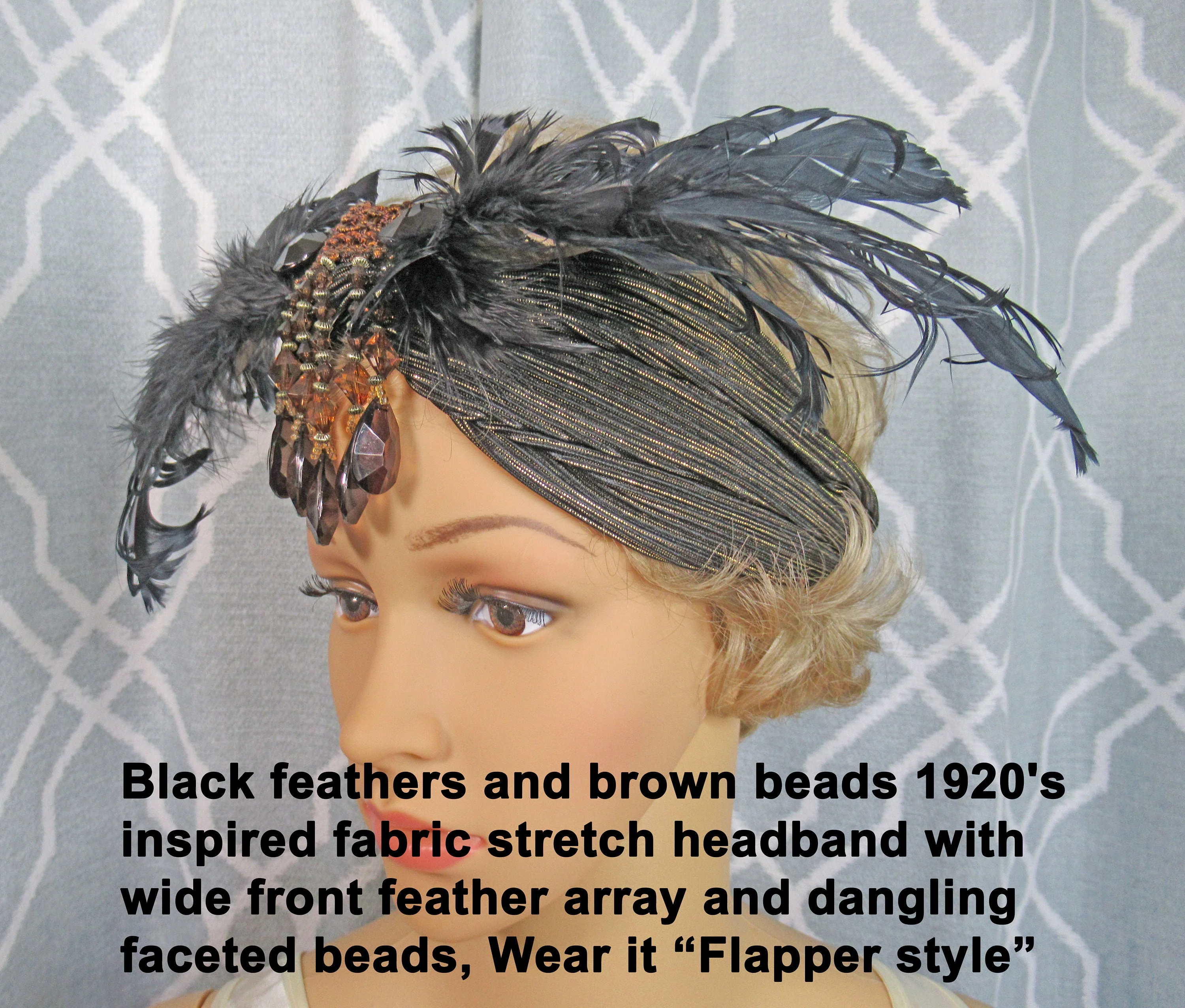 Stretch Headband Feathers and Brown Beads 20s Inspired Fabric with Wide Front Black Feather Array, Dangling Faceted Beads, Flapper Style - Image 4