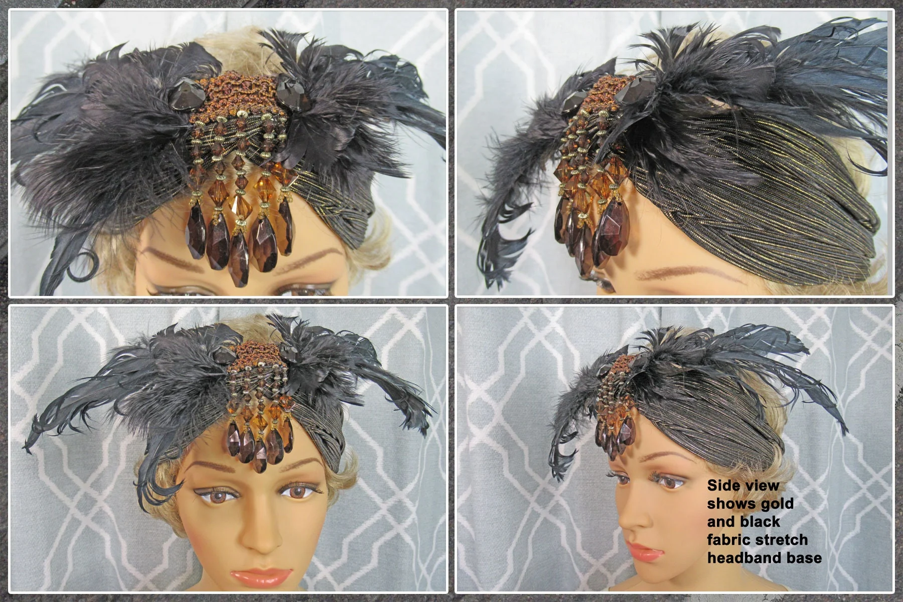 Stretch Headband Feathers and Brown Beads 20s Inspired Fabric with Wide Front Black Feather Array, Dangling Faceted Beads, Flapper Style - Image 5