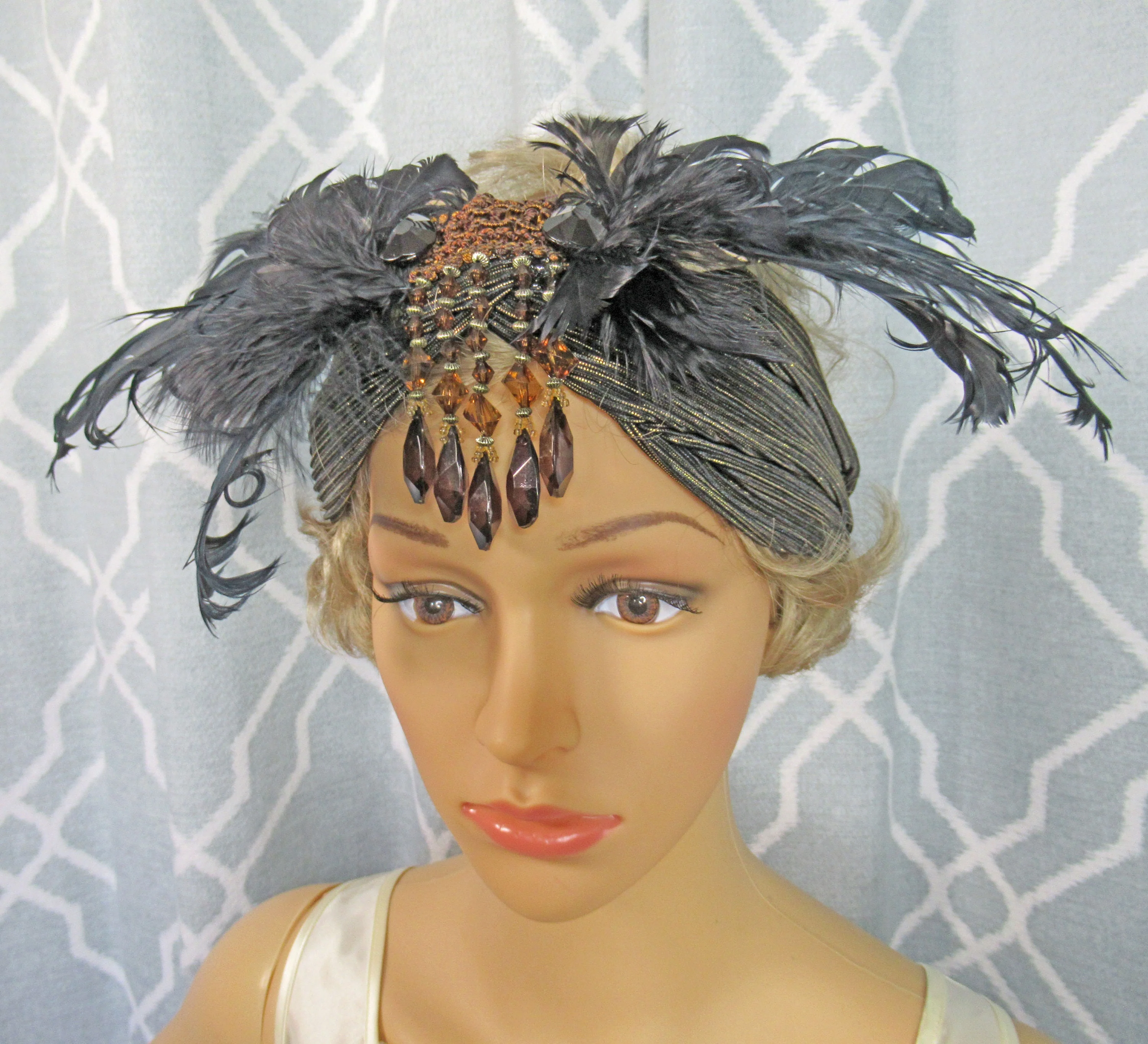 Stretch Headband Feathers and Brown Beads 20s Inspired Fabric with Wide Front Black Feather Array, Dangling Faceted Beads, Flapper Style - Image 6
