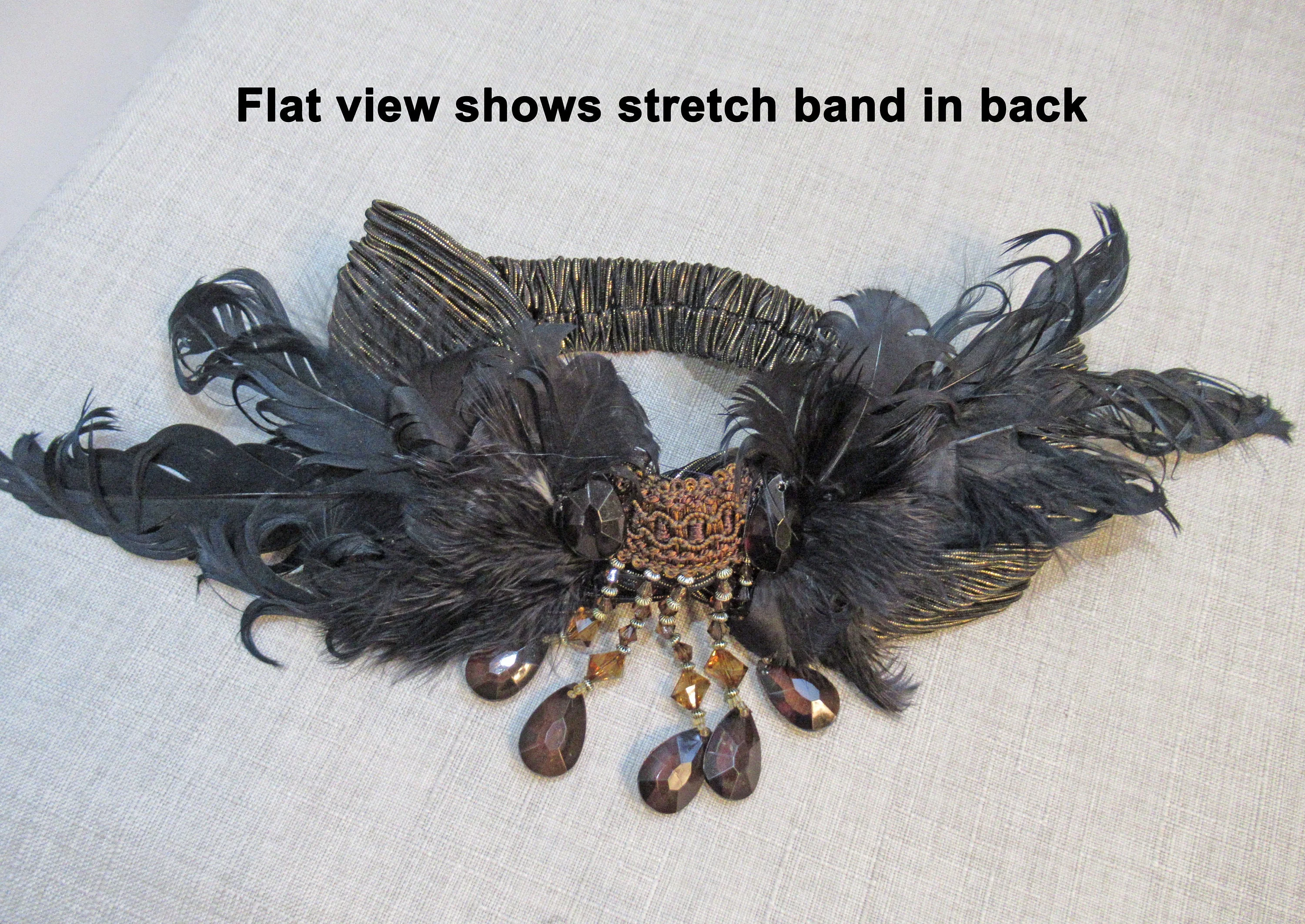 Stretch Headband Feathers and Brown Beads 20s Inspired Fabric with Wide Front Black Feather Array, Dangling Faceted Beads, Flapper Style - Image 7