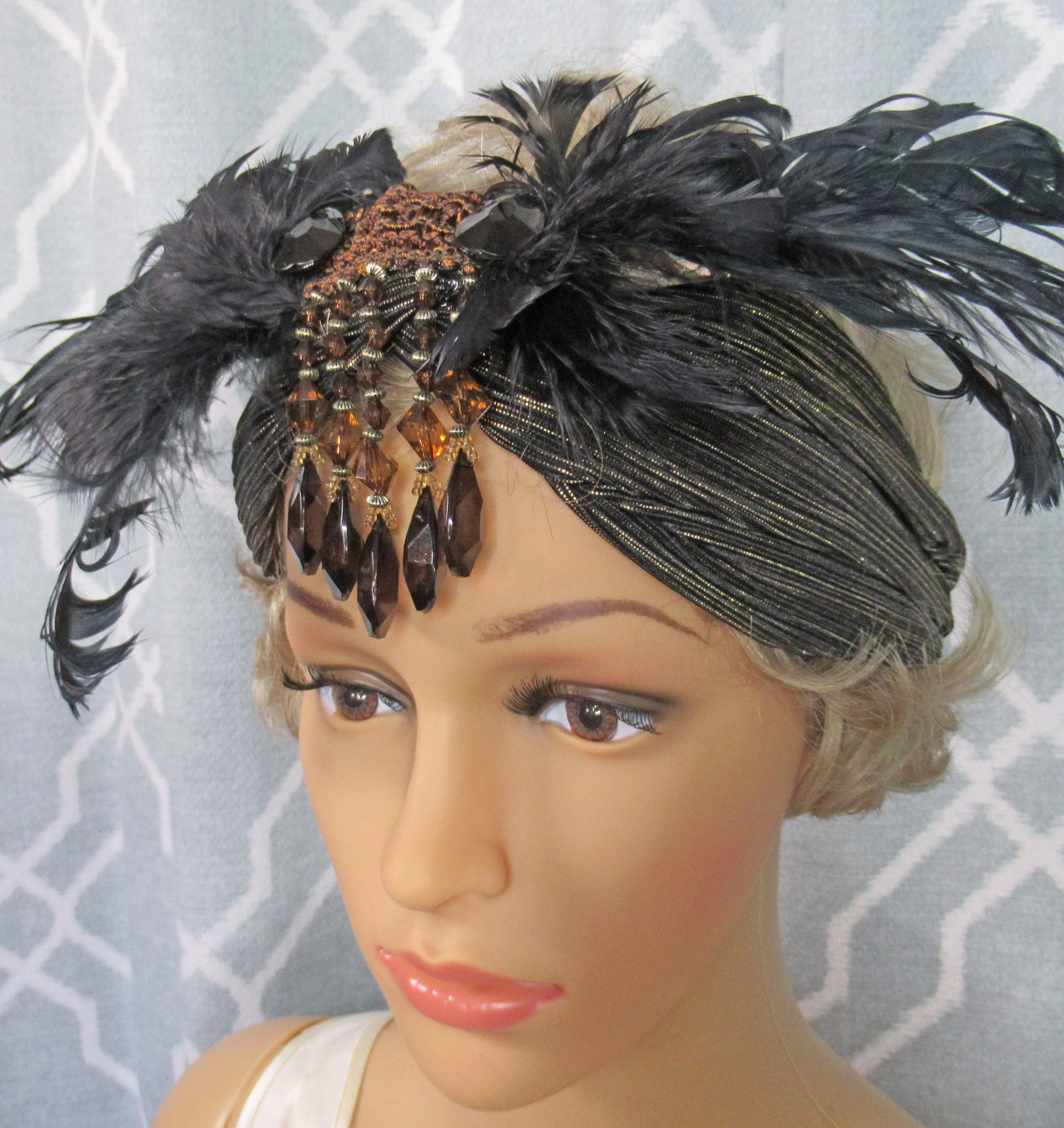 Stretch Headband Feathers and Brown Beads 20s Inspired Fabric with Wide Front Black Feather Array, Dangling Faceted Beads, Flapper Style - Image 8