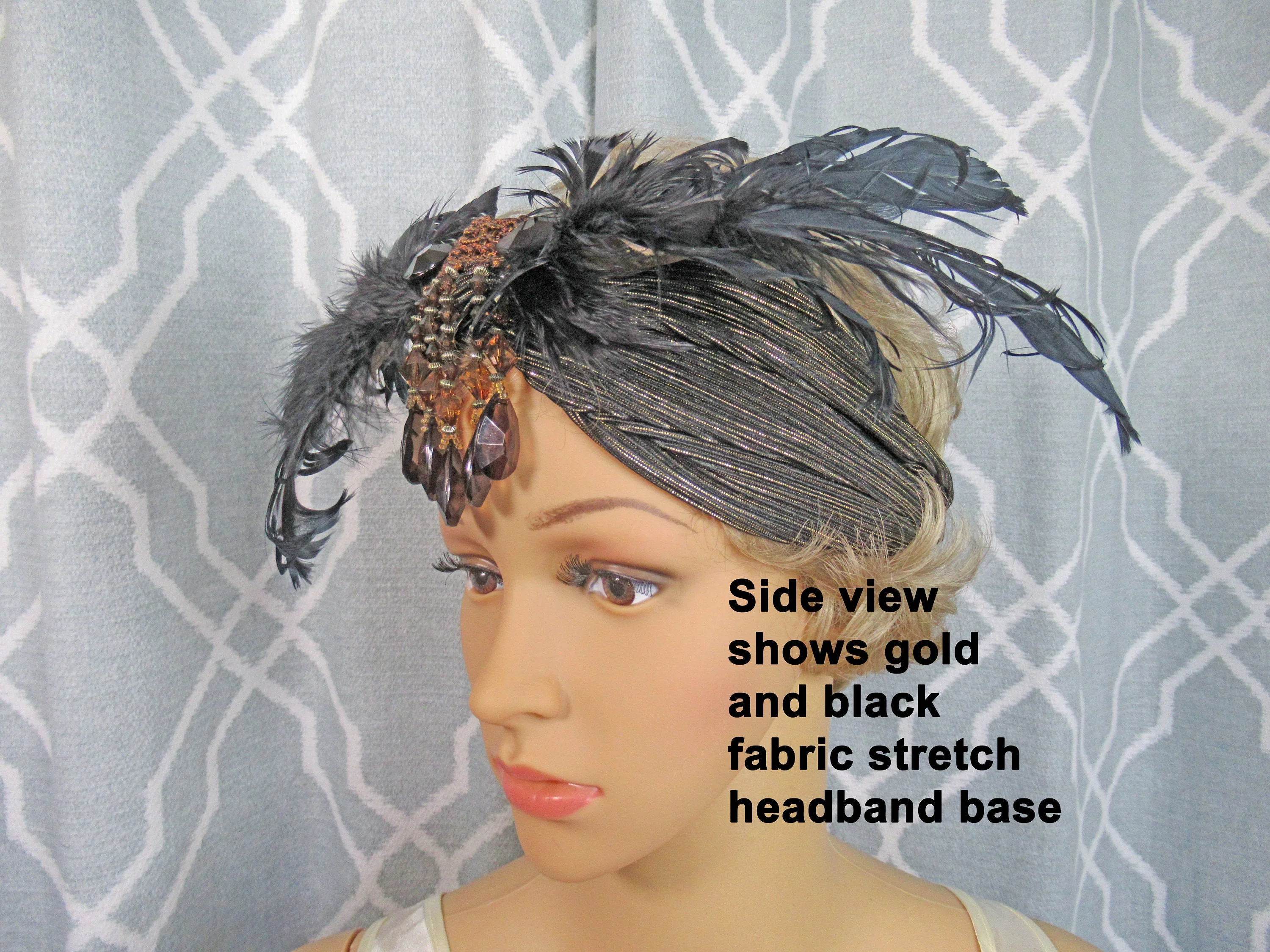 Stretch Headband Feathers and Brown Beads 20s Inspired Fabric with Wide Front Black Feather Array, Dangling Faceted Beads, Flapper Style - Image 9