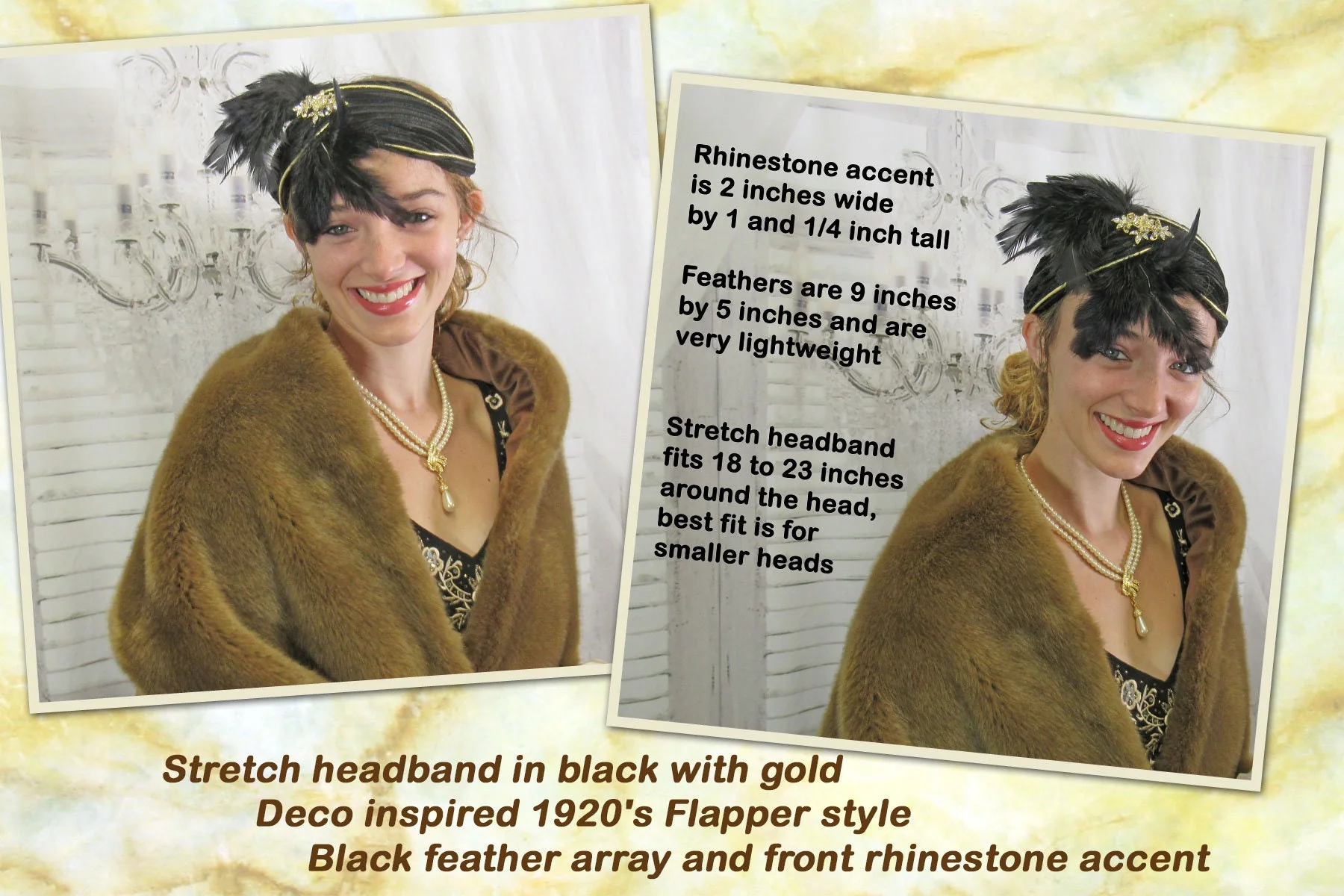 Stretch Headband In Black with Gold Deco Inspired 20s Flapper Style Black Feather Array and Front and Shiny Rhinestones - Image 2