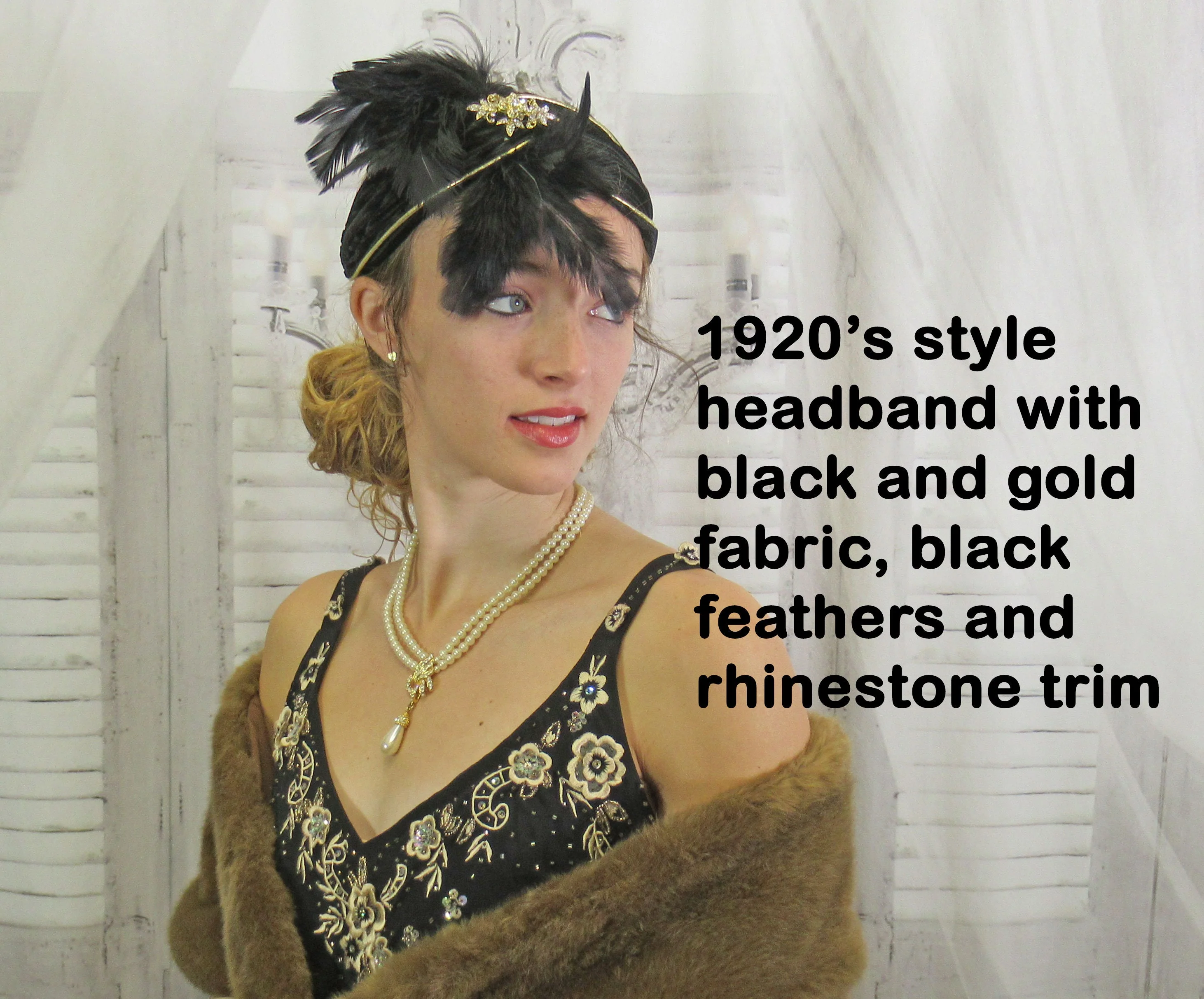Stretch Headband In Black with Gold Deco Inspired 20s Flapper Style Black Feather Array and Front and Shiny Rhinestones - Image 3