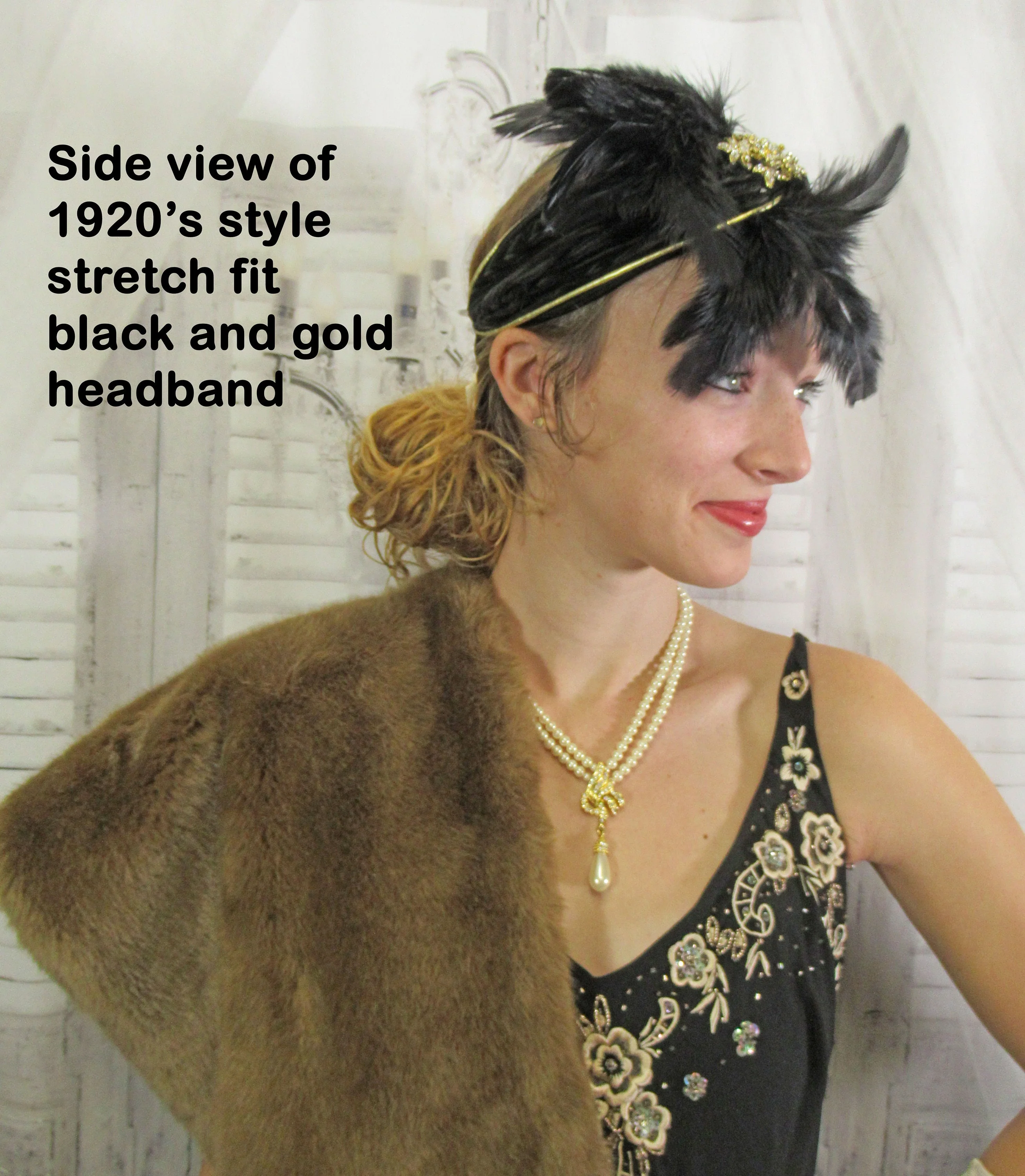 Stretch Headband In Black with Gold Deco Inspired 20s Flapper Style Black Feather Array and Front and Shiny Rhinestones - Image 4