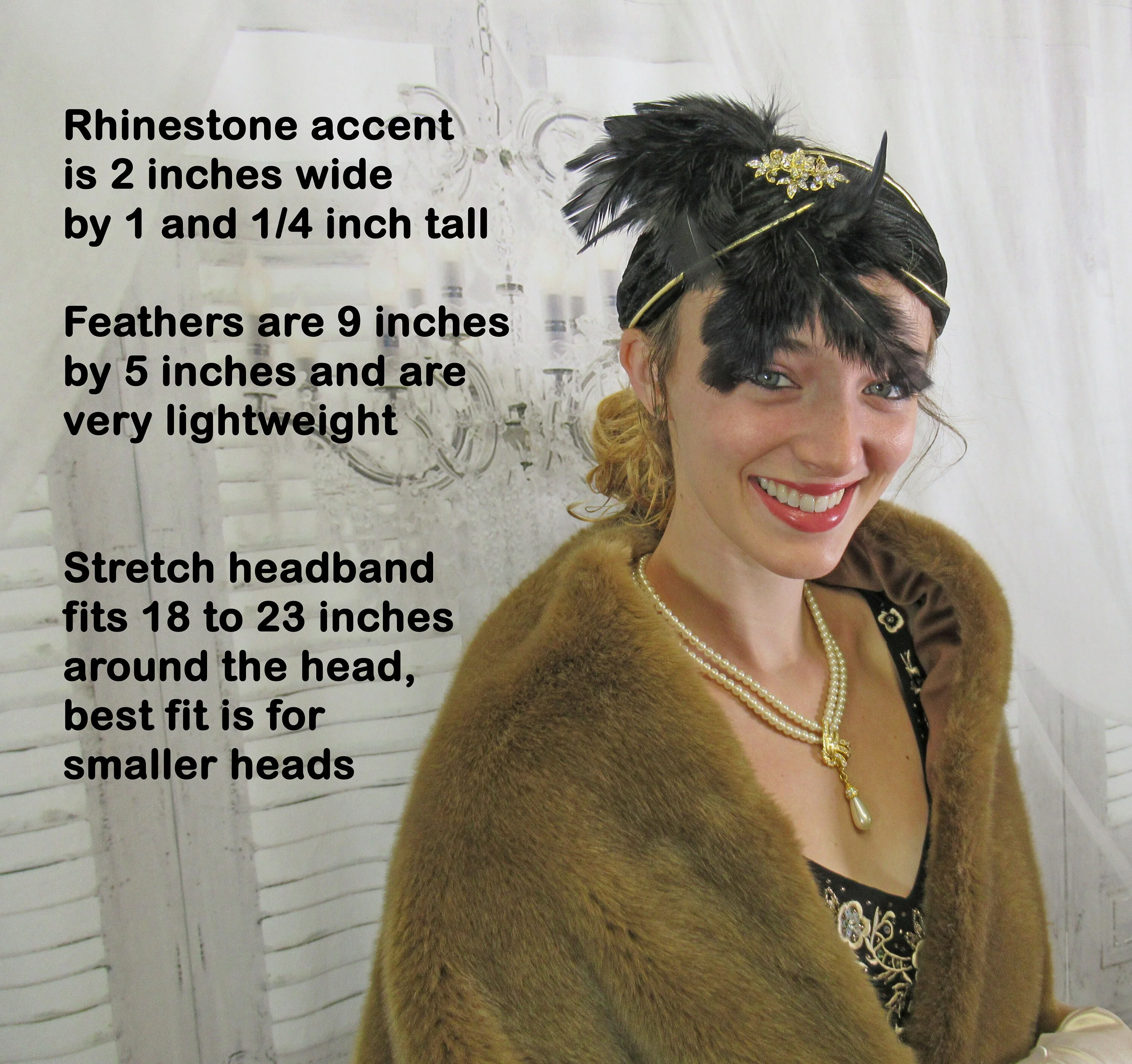 Stretch Headband In Black with Gold Deco Inspired 20s Flapper Style Black Feather Array and Front and Shiny Rhinestones - Image 5