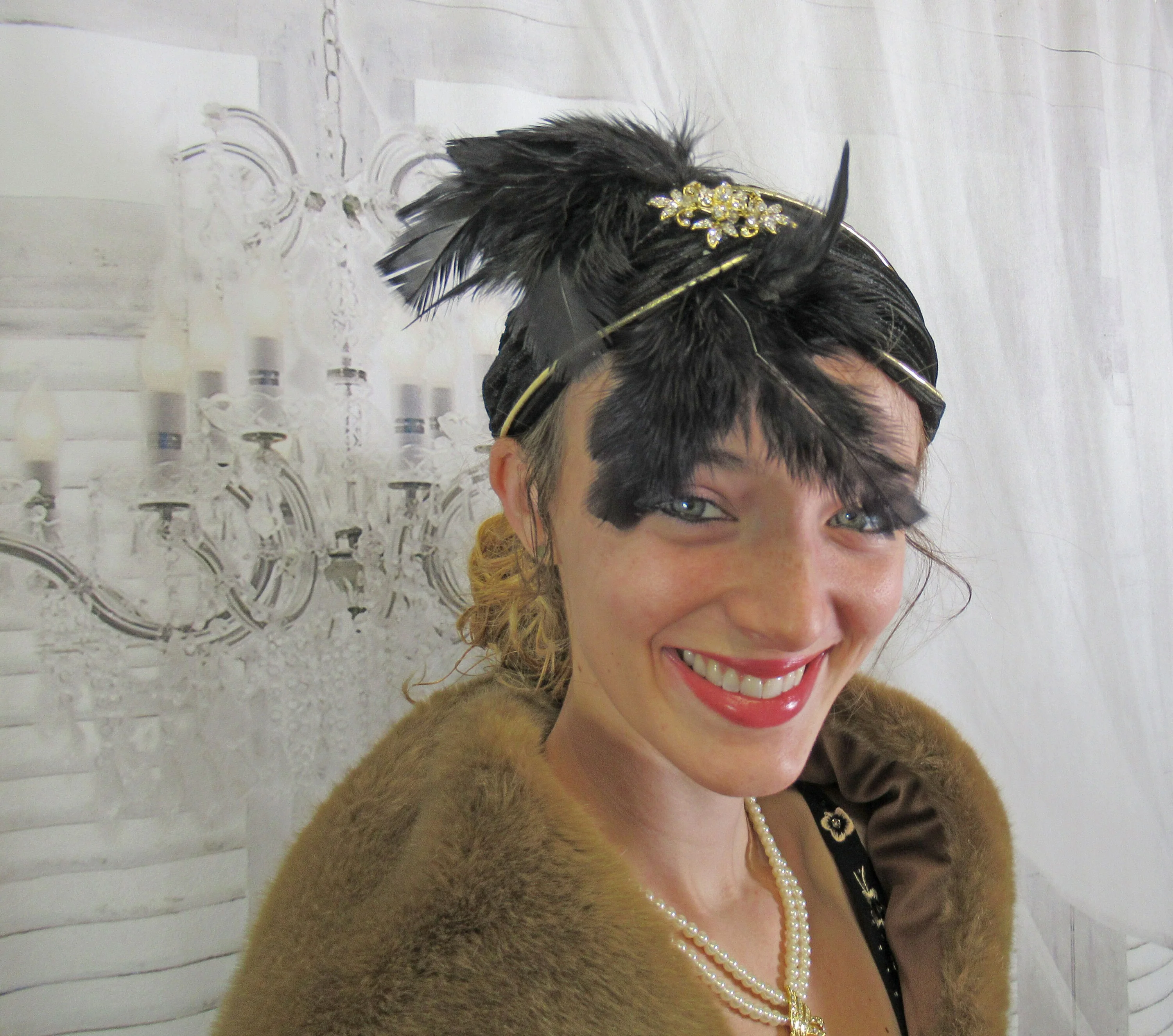 Stretch Headband In Black with Gold Deco Inspired 20s Flapper Style Black Feather Array and Front and Shiny Rhinestones - Image 6