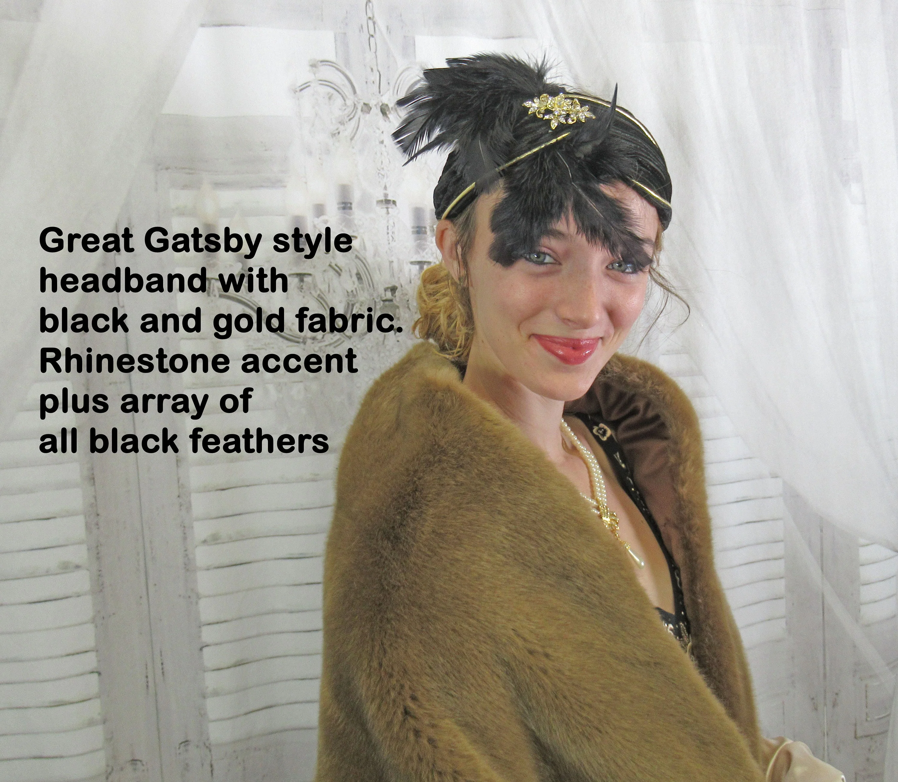 Stretch Headband In Black with Gold Deco Inspired 20s Flapper Style Black Feather Array and Front and Shiny Rhinestones - Image 7