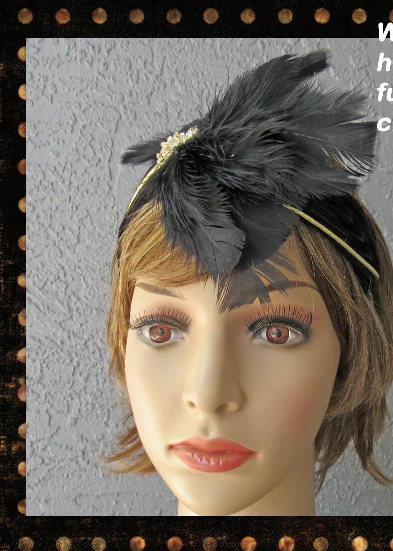 Stretch Headband In Black with Gold Deco Inspired 20s Flapper Style Black Feather Array and Front and Shiny Rhinestones - Image 8
