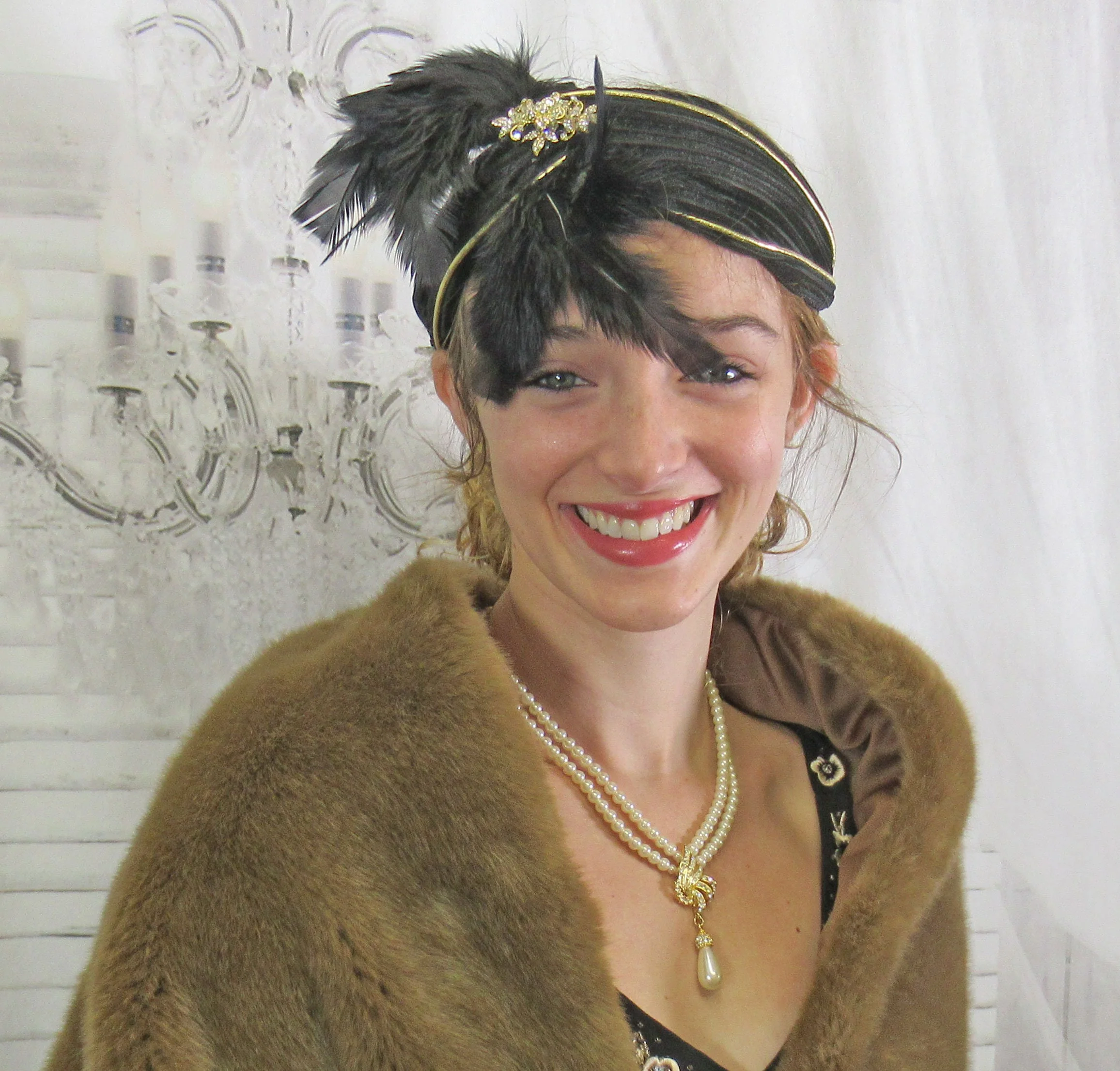 Stretch Headband In Black with Gold Deco Inspired 20s Flapper Style Black Feather Array and Front and Shiny Rhinestones - Image 9