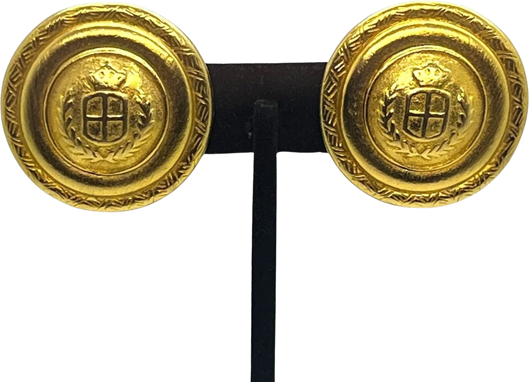 Striking Vintage Liz Claiborne Matte Gold Earrings 80s 90s Button Logo Shield Crest Heraldic Runway Round Dome Costume Jewelry by Liz Claiborne