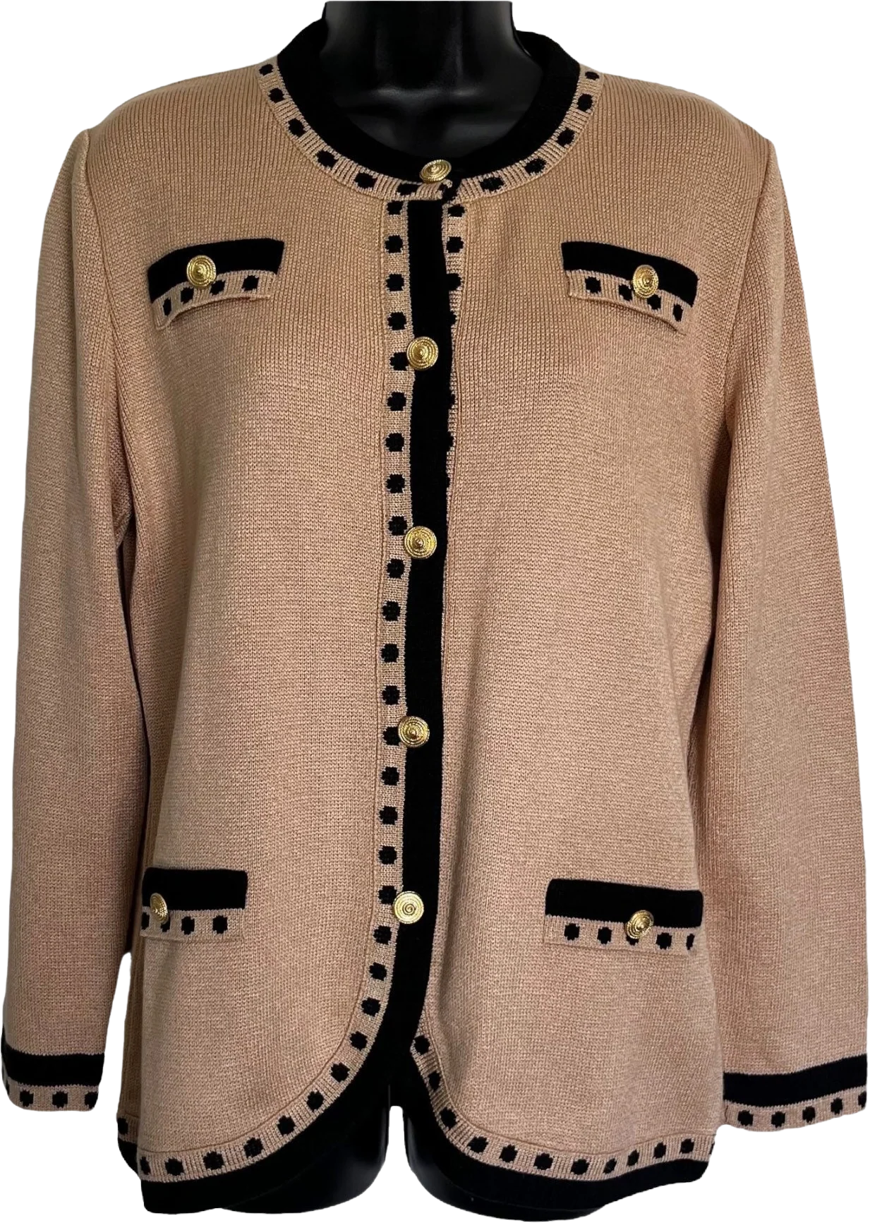 Striking Vintage Mita Cardigan Sweater 80s 90s Runway Black and Beige Power Suit Jacket Style Gold Buttons Statement Fashion by Mita