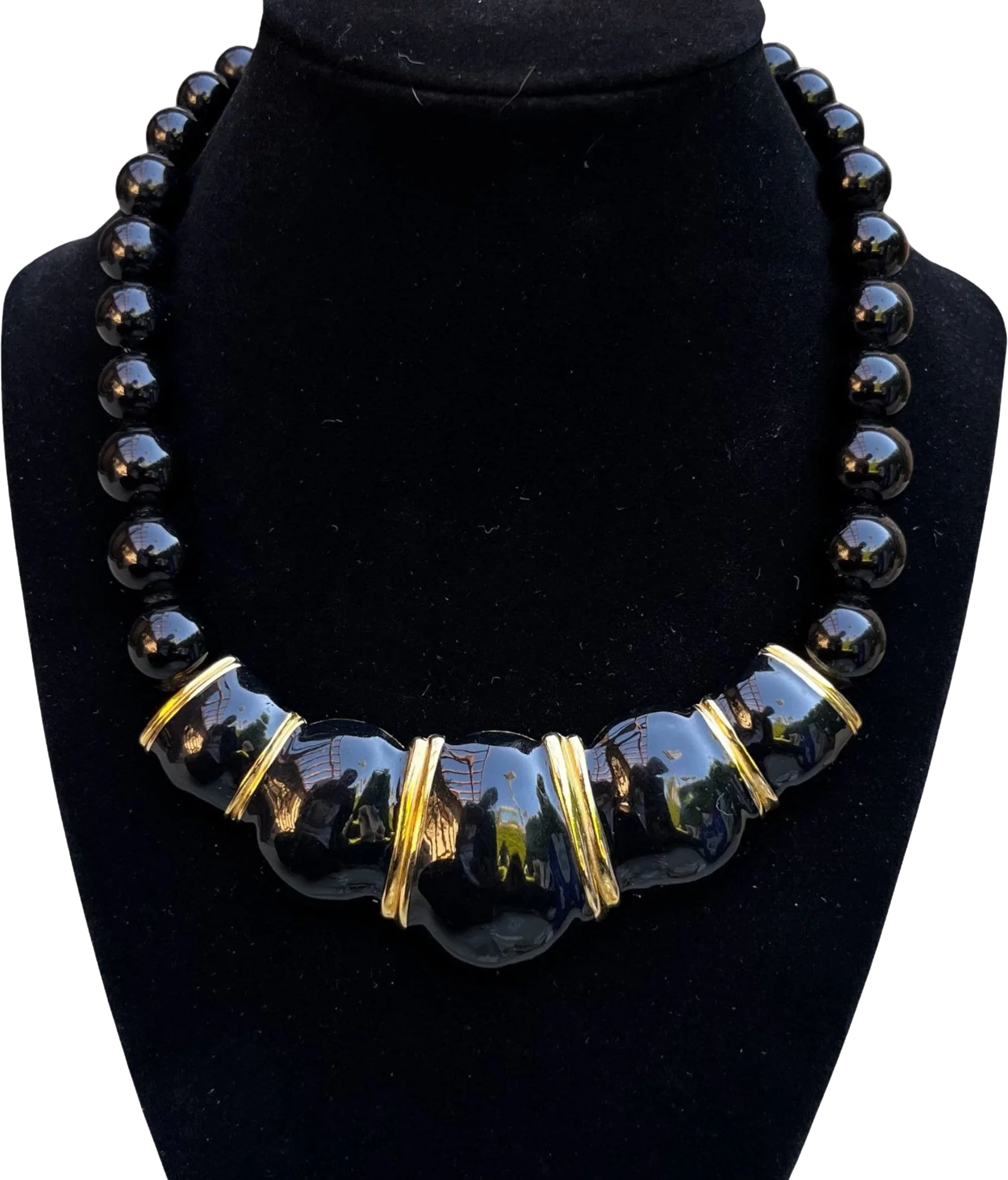 Striking Vintage Napier Black Lucite Enamel Necklace 80s 90s Art Deco Runway Couture Gold Tone Choker Costume Jewelry by Napier