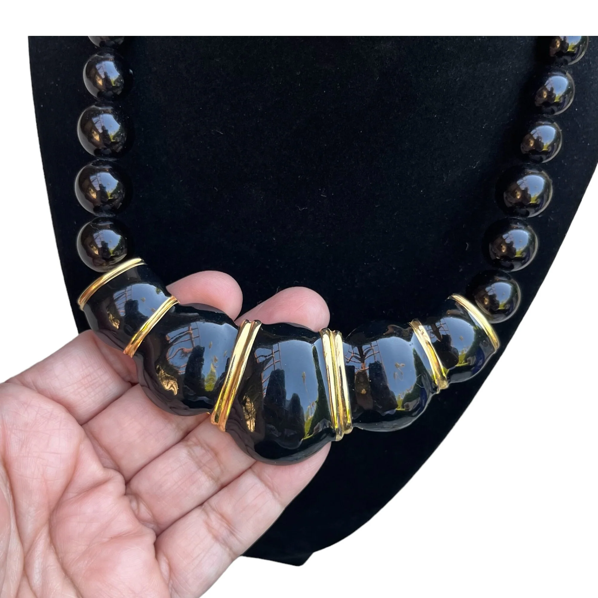 Striking Vintage Napier Black Lucite Enamel Necklace 80s 90s Art Deco Runway Couture Gold Tone Choker Costume Jewelry by Napier - Image 2
