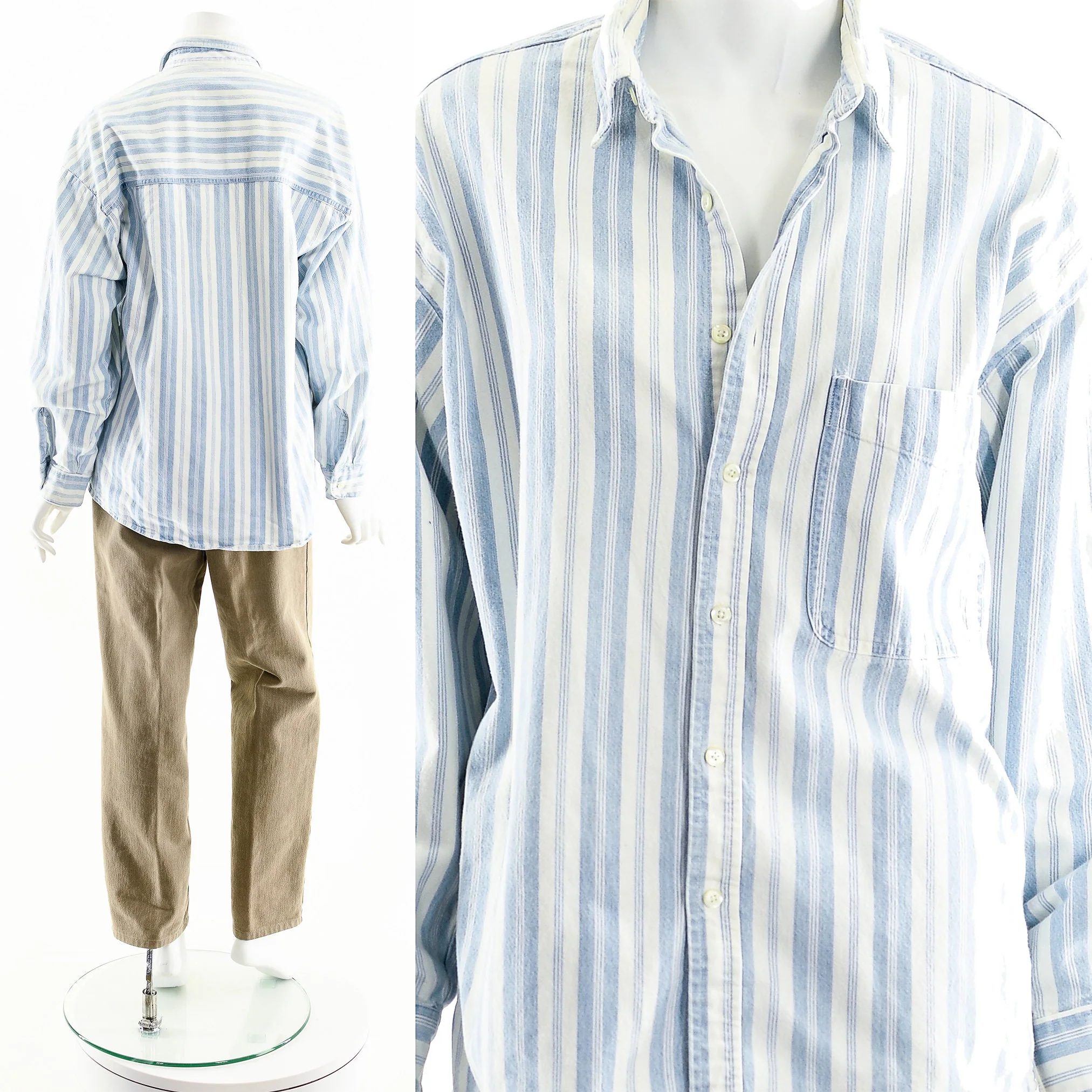 Striped Cotton Chambray Button Down Oversized Denim Shirt - Image 3