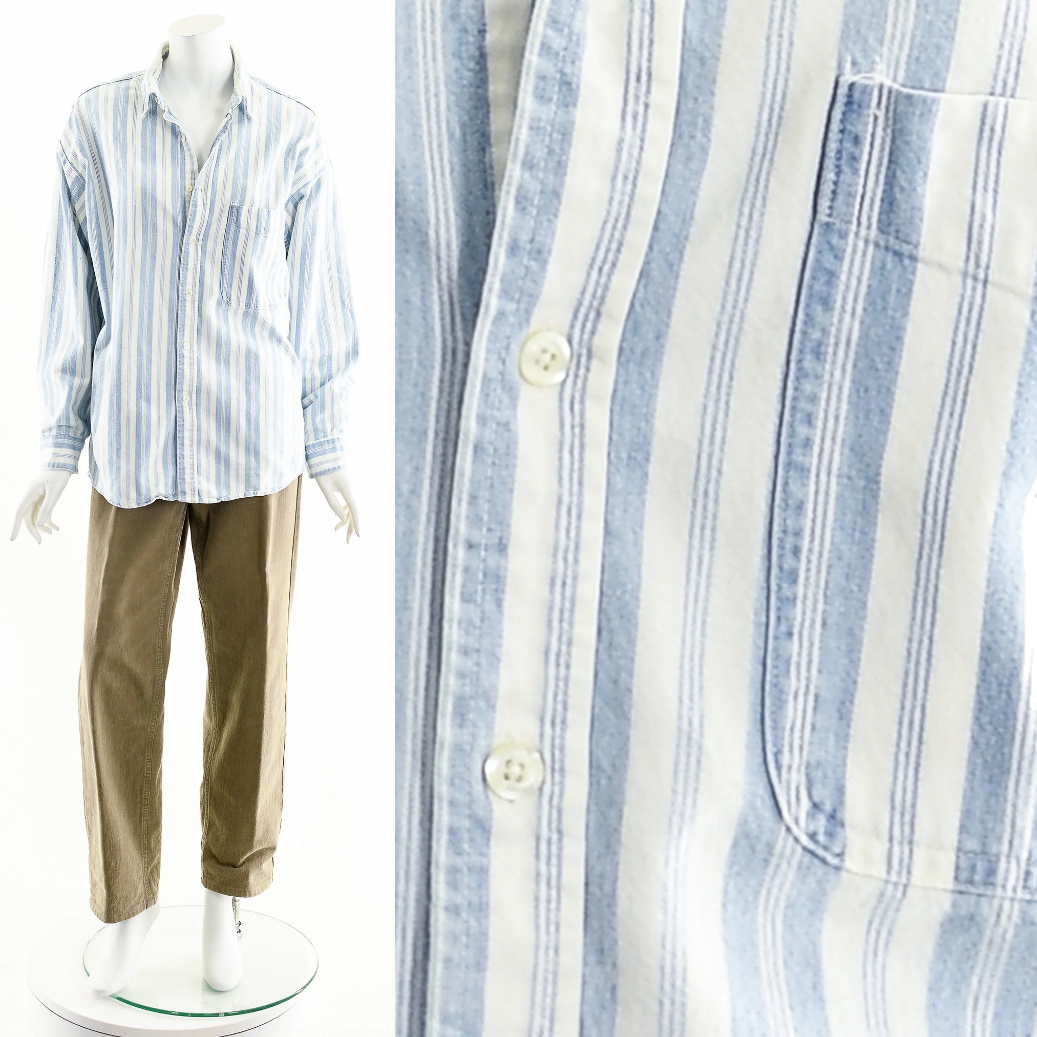 Striped Cotton Chambray Button Down Oversized Denim Shirt - Image 4